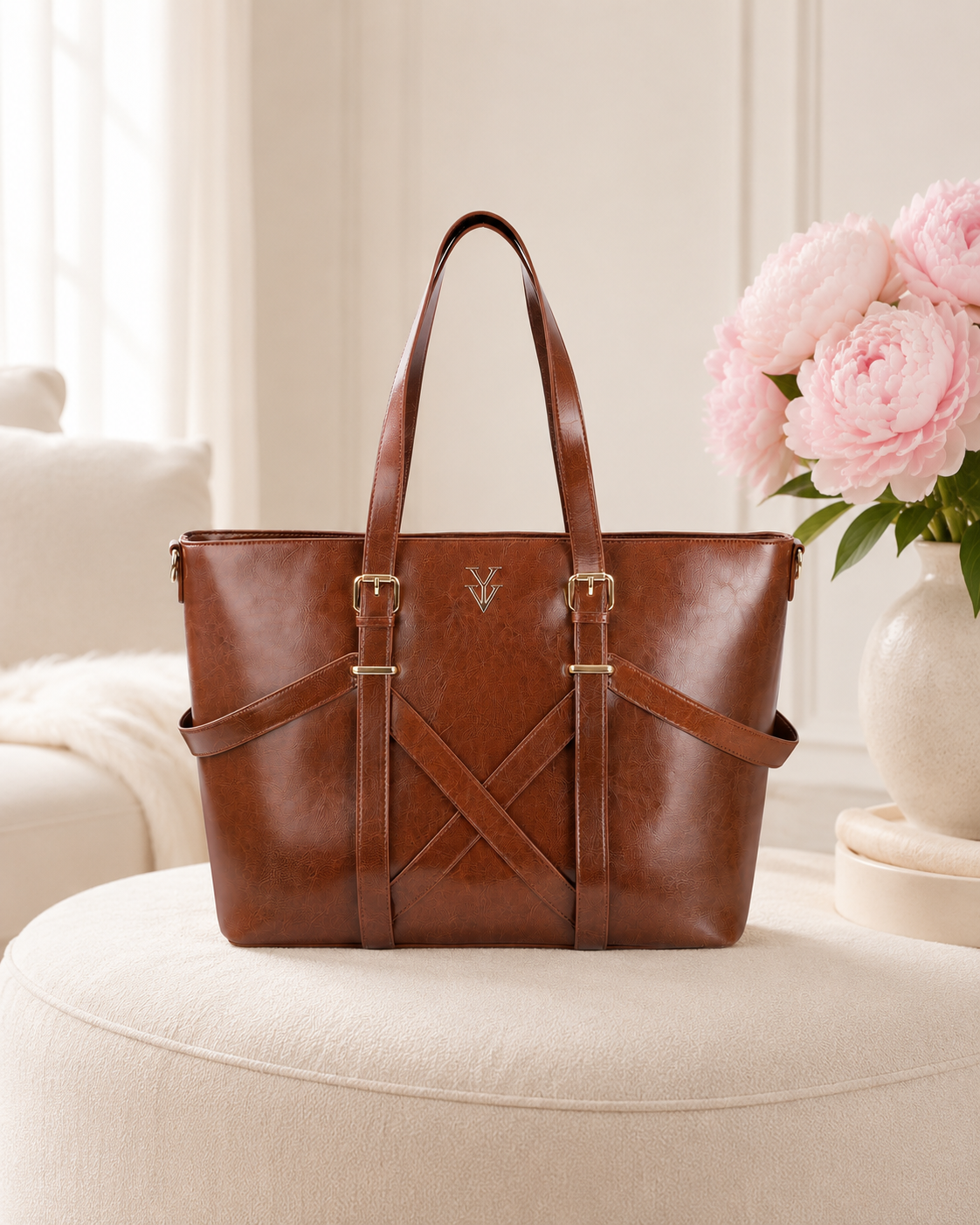 BAHIA Large Genuine Leather Designer Tote Handbag - Maple