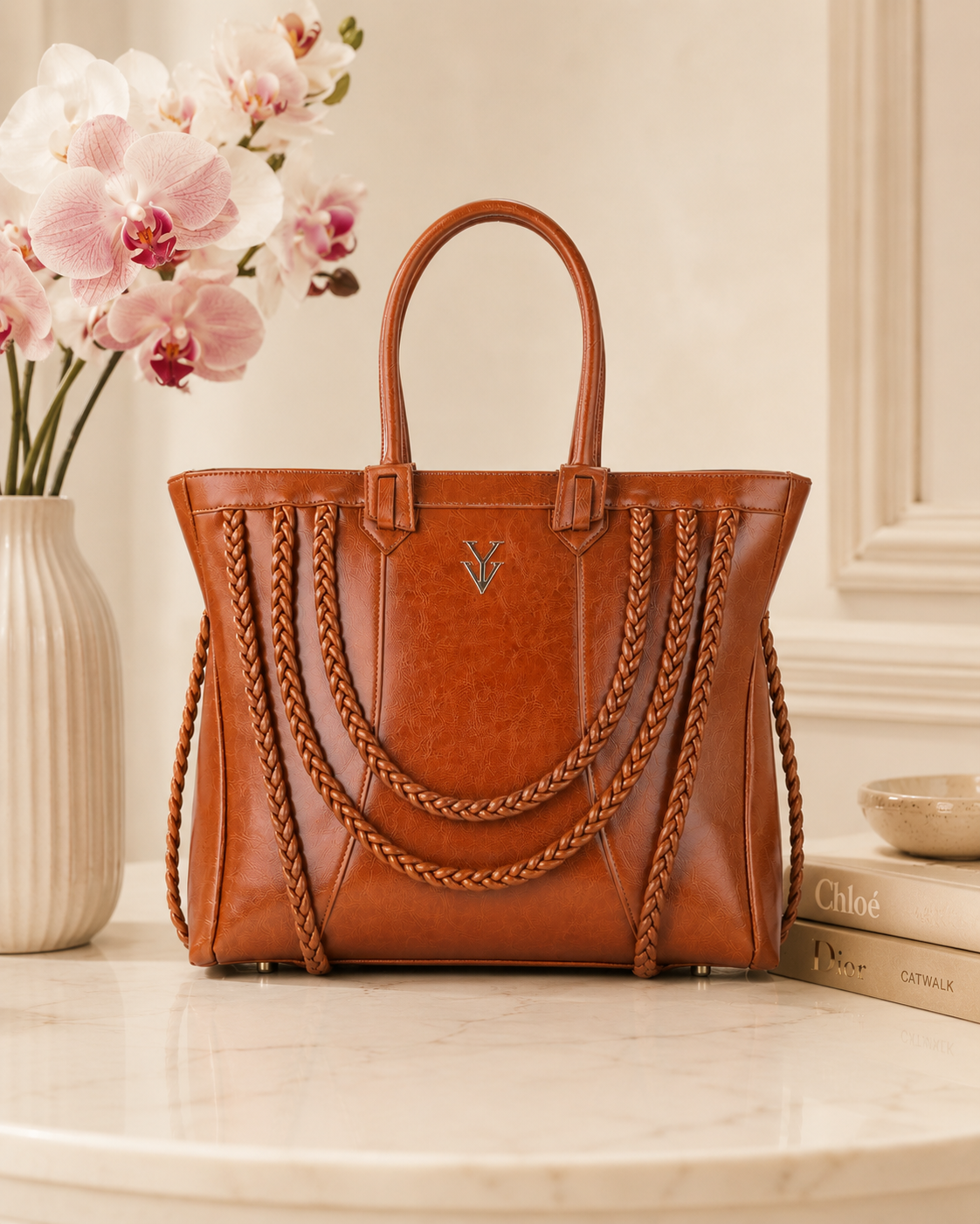 ROMINKA Large Genuine Leather Designer Tote Handbag with Braid Decoration - Cinnamon