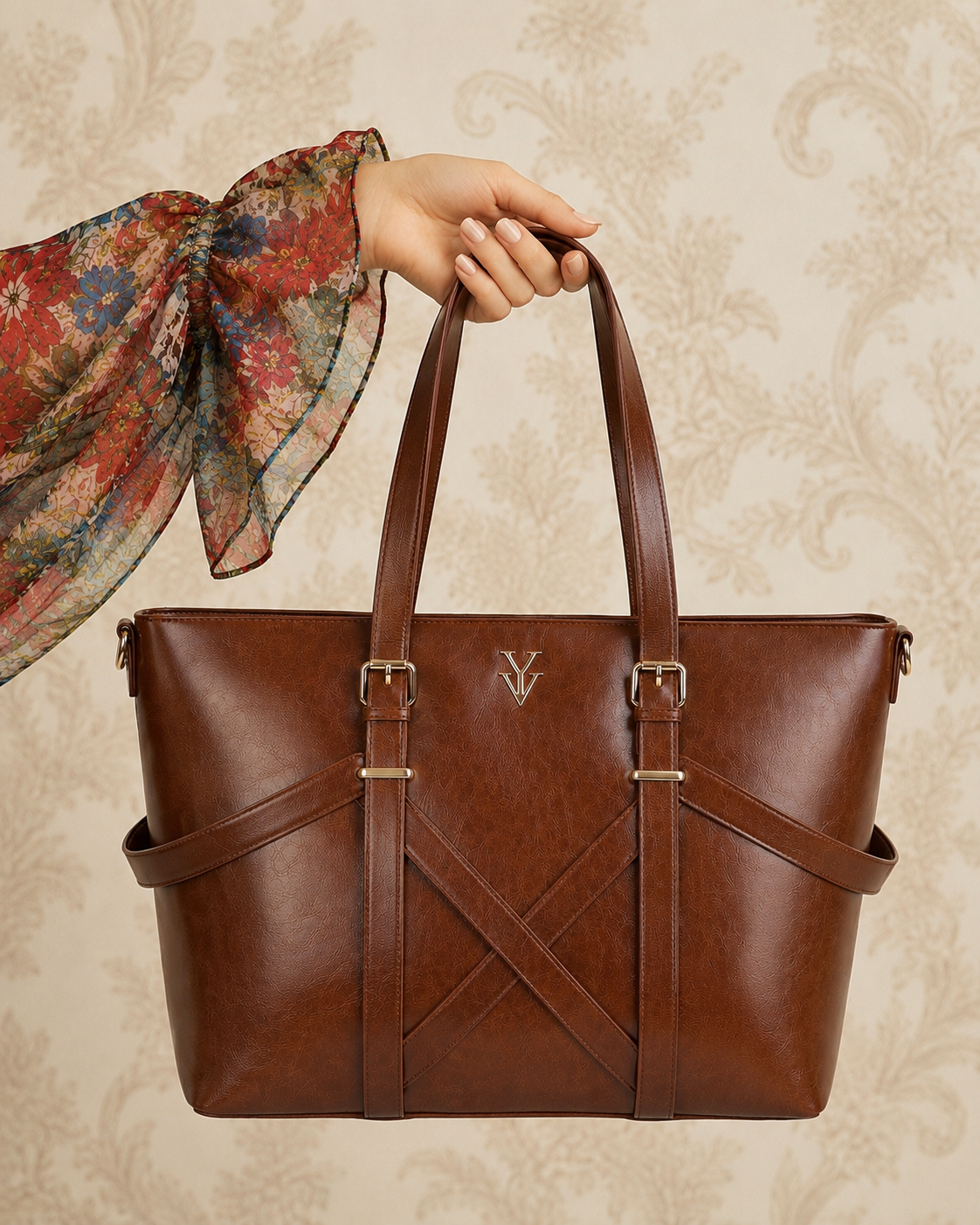 BAHIA Large Genuine Leather Designer Tote Handbag - Maple