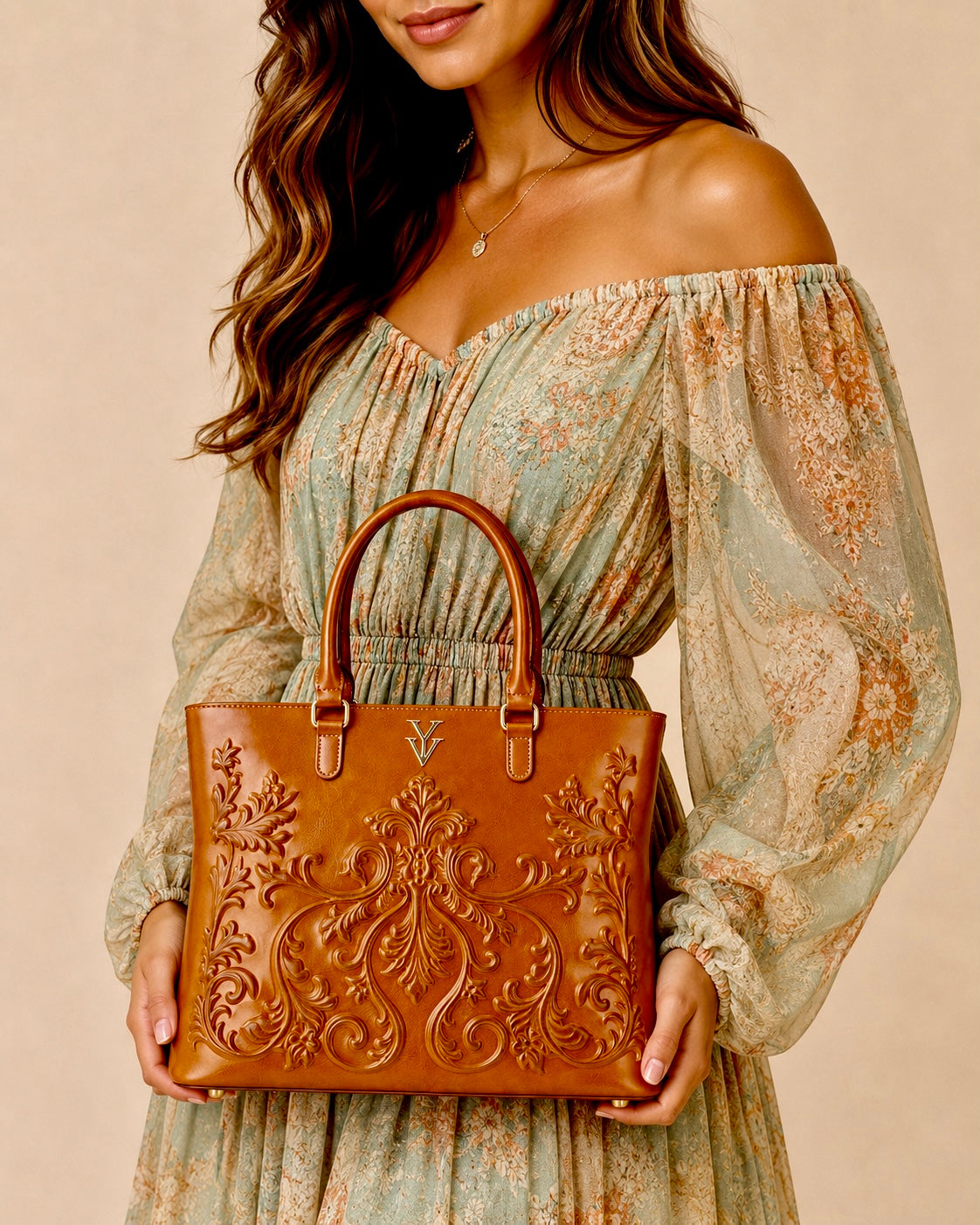 INDIRA Genuine Leather Designer Tote Handbag with Embossed Hand Tooled Baroque Decoration