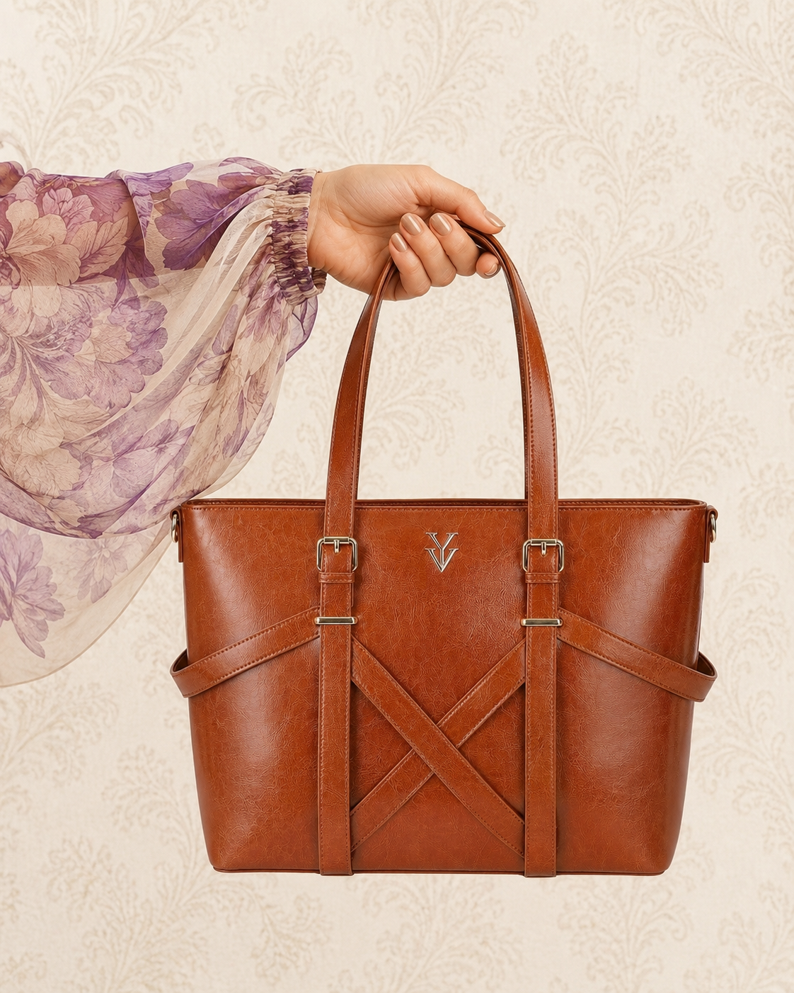 BAHIA Large Genuine Leather Designer Tote Handbag - Maple