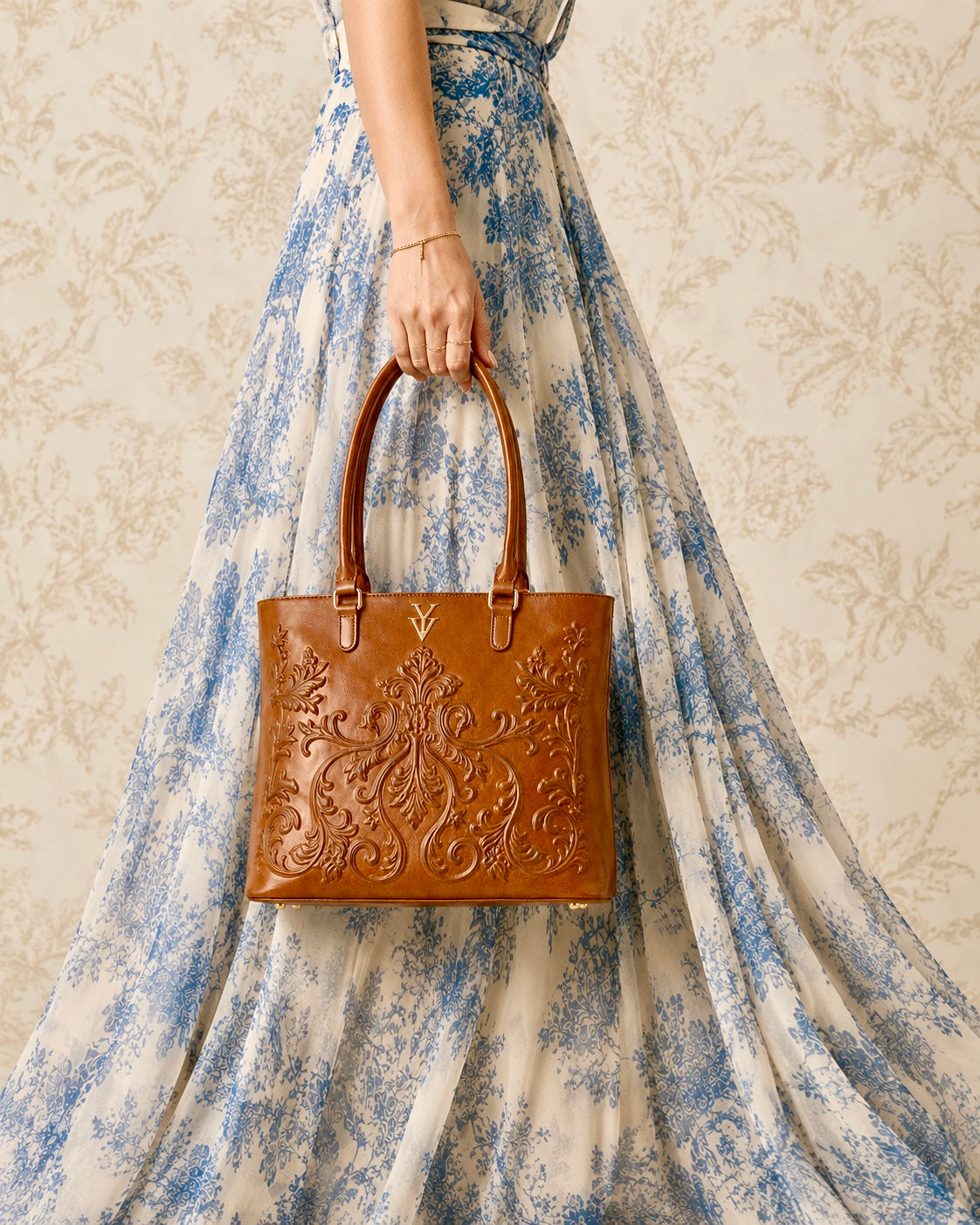 INDIRA Genuine Leather Designer Tote Handbag with Embossed Hand Tooled Baroque Decoration