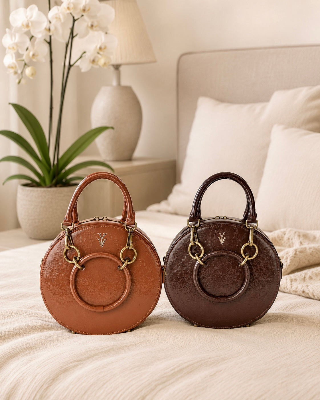 ROZANA Genuine Leather Round Shape Designer Handbag - Hickory