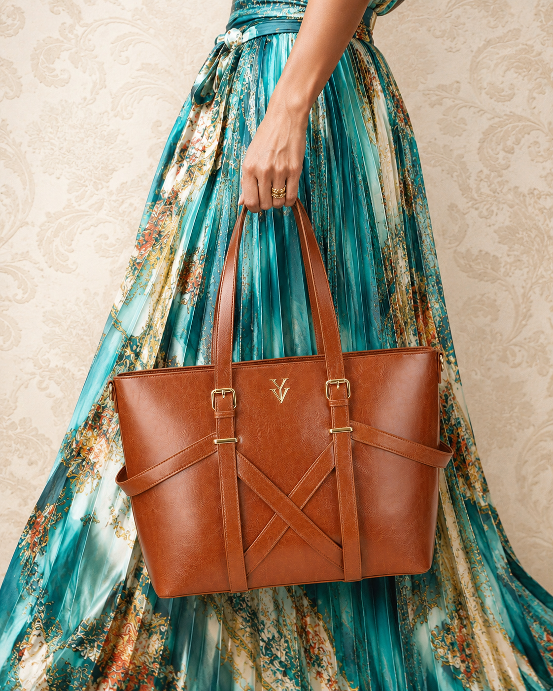 BAHIA Large Genuine Leather Designer Tote Handbag - Maple