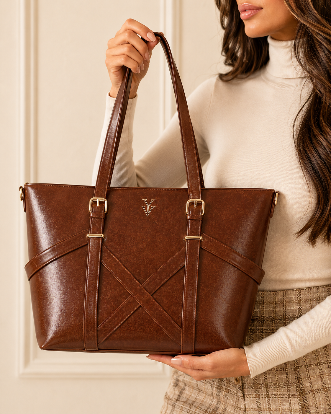 BAHIA Large Genuine Leather Designer Tote Handbag - Maple