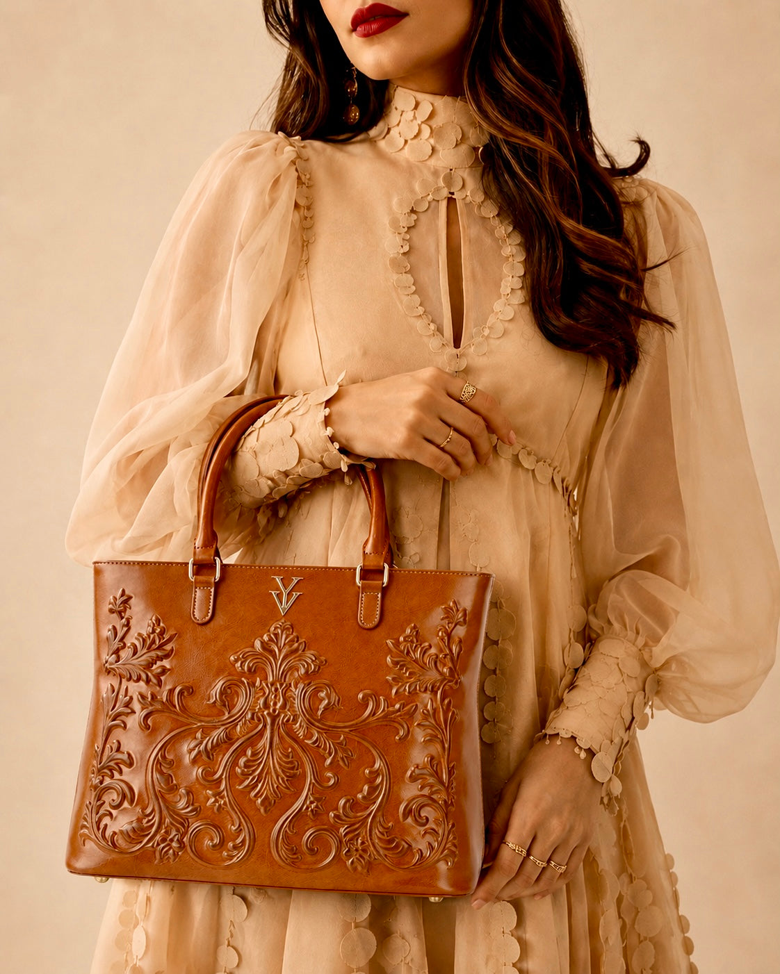 INDIRA Genuine Leather Designer Tote Handbag with Embossed Hand Tooled Baroque Decoration