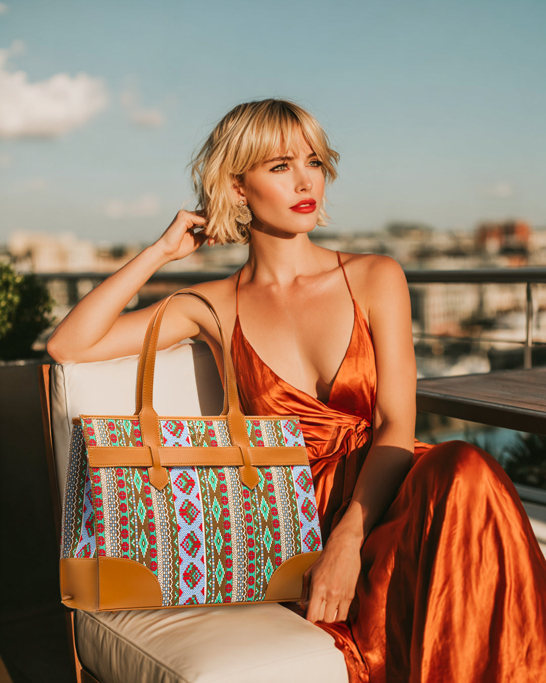 AUDRINA Canvas & Leather Designer Tote Handbag - Canyon Aztec