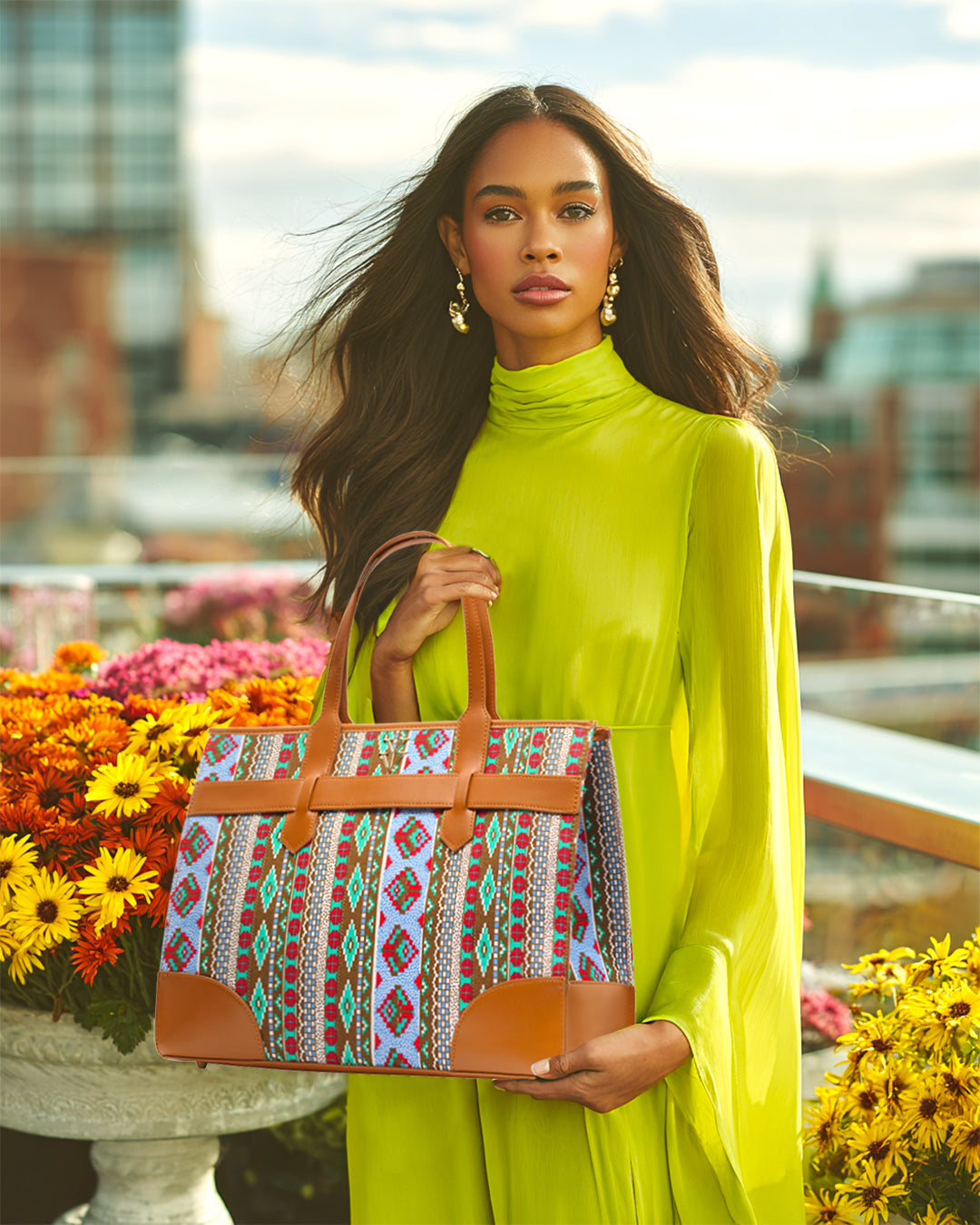 AUDRINA Canvas & Leather Designer Tote Handbag - Canyon Aztec