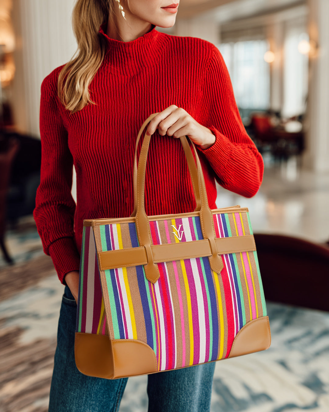 AUDRINA Canvas & Leather Designer Tote Handbag - Canyon Aztec