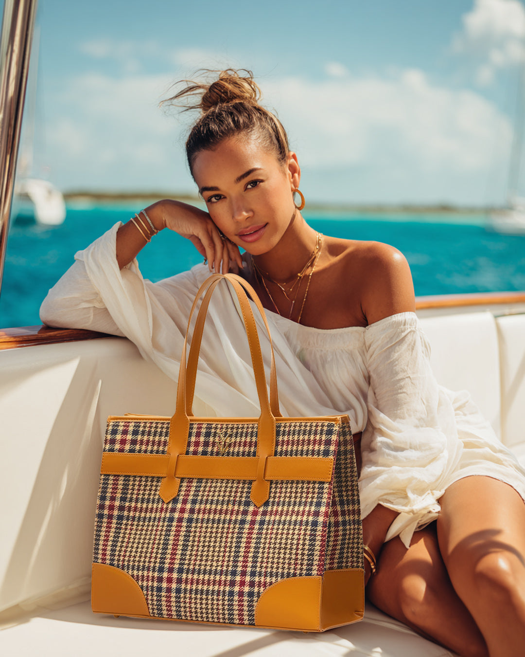 AUDRINA Canvas & Leather Designer Tote Handbag - Chestnut Tweed