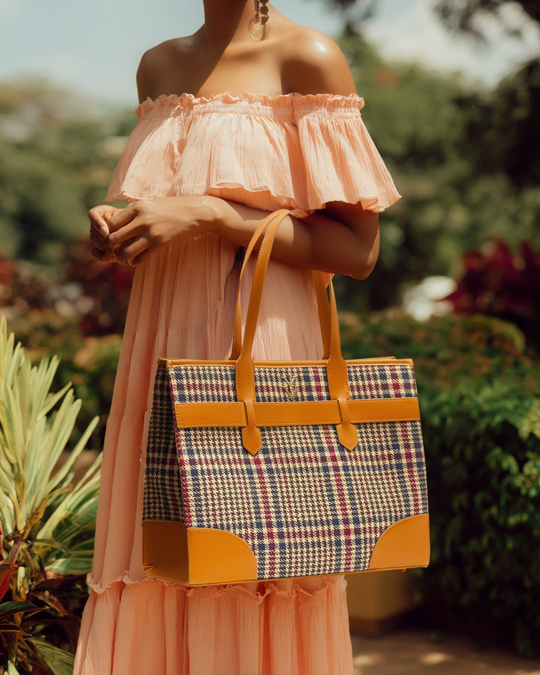 AUDRINA Canvas & Leather Designer Tote Handbag - Chestnut Tweed