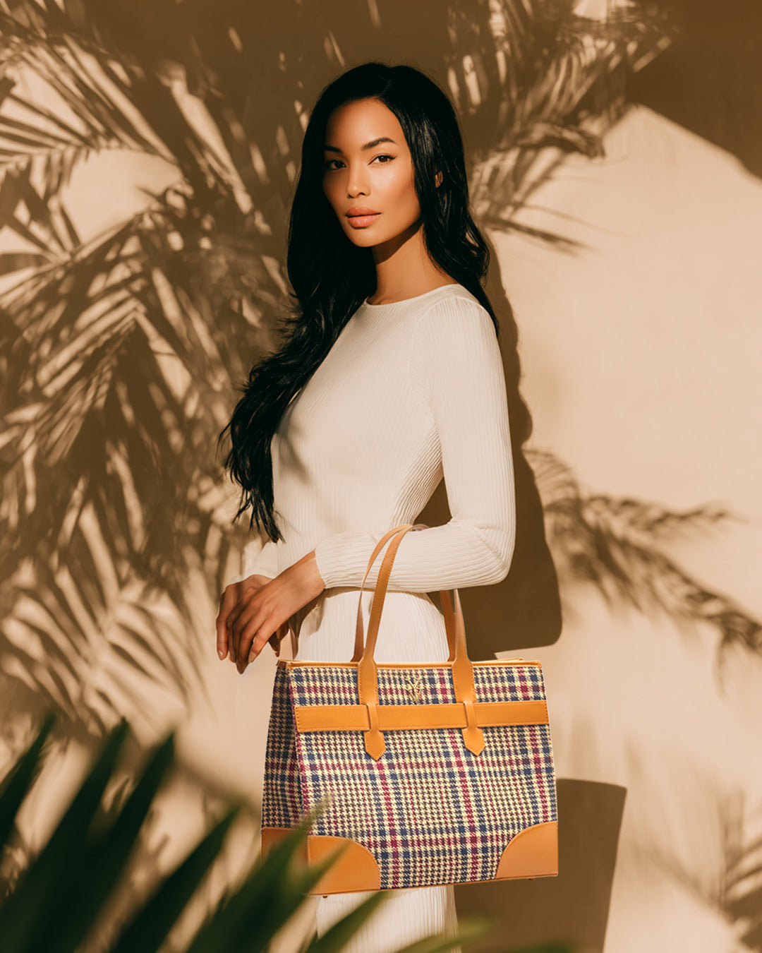 AUDRINA Canvas & Leather Designer Tote Handbag - Chestnut Tweed