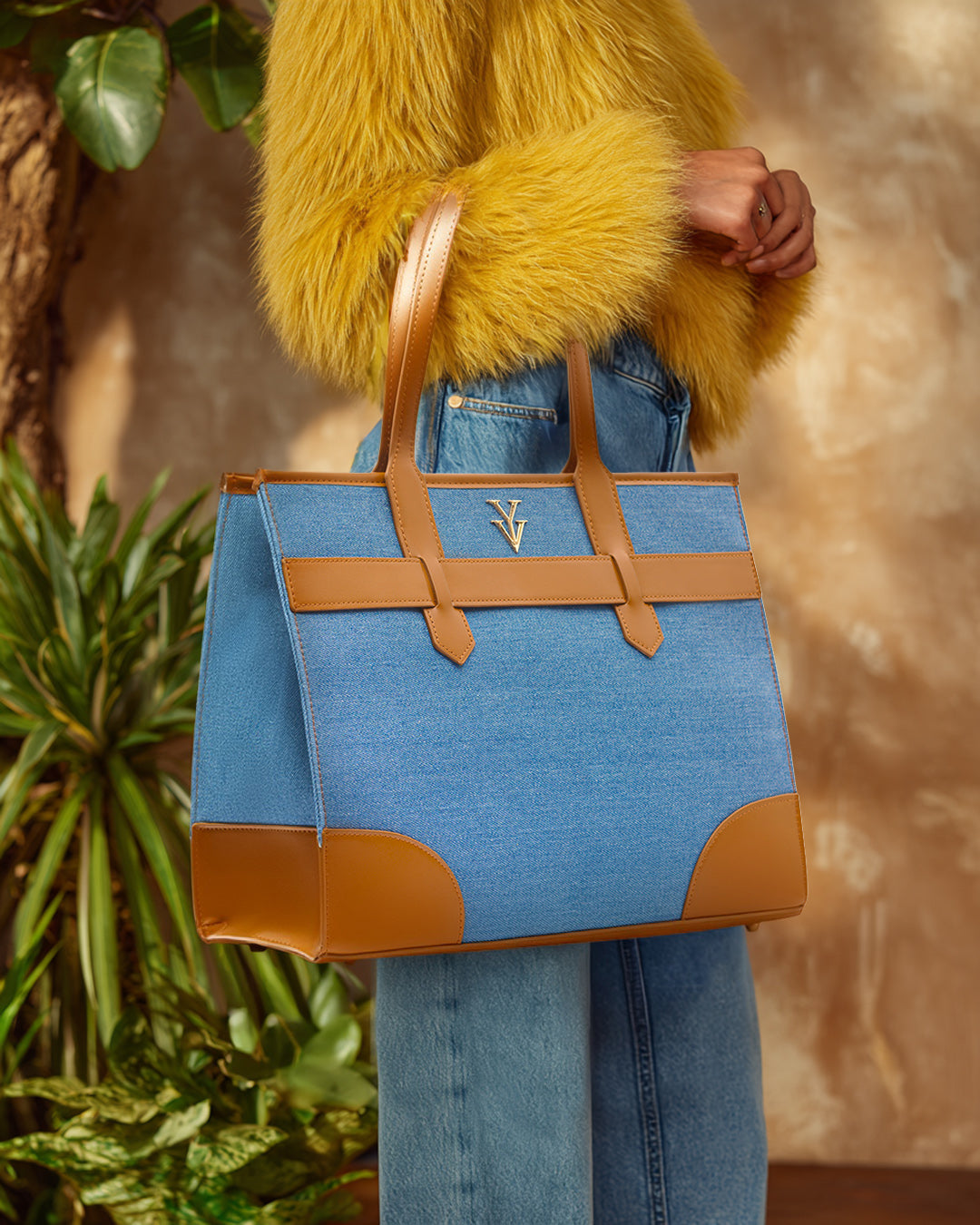 AUDRINA Canvas & Leather Designer Tote Handbag