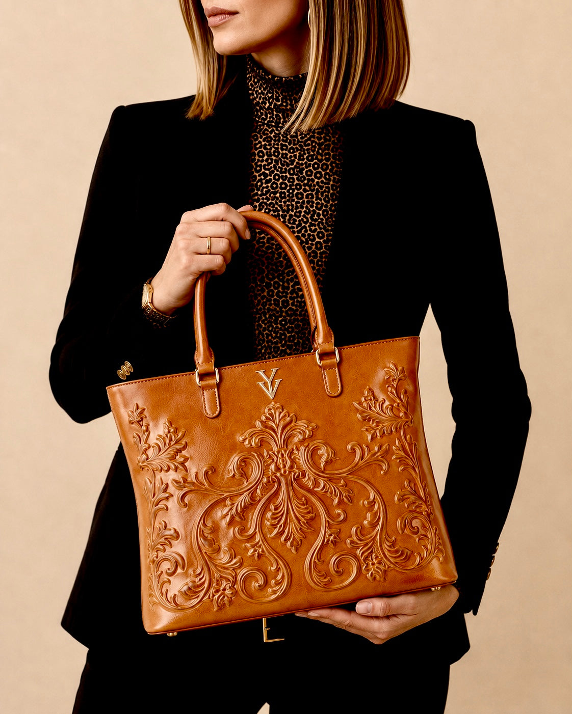 INDIRA Genuine Leather Designer Tote Handbag with Embossed Hand Tooled Baroque Decoration
