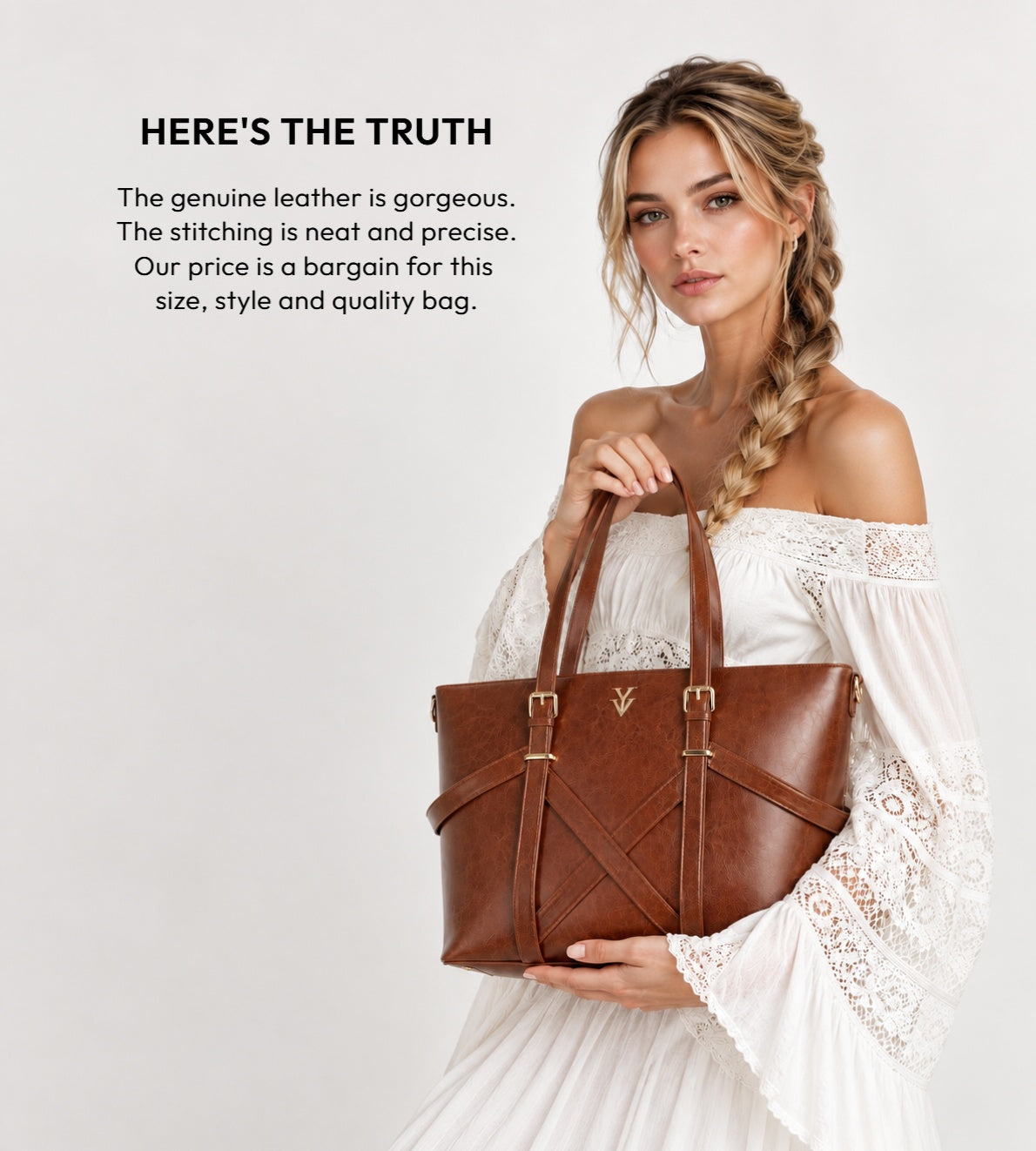 BAHIA Large Genuine Leather Designer Tote Handbag & FREE Sunglasses Bundle