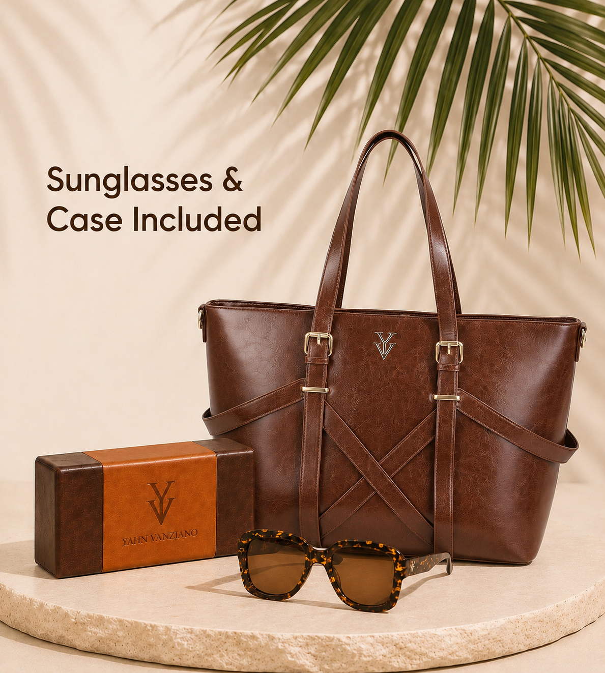 BAHIA Large Genuine Leather Designer Tote Handbag & FREE Sunglasses Bundle