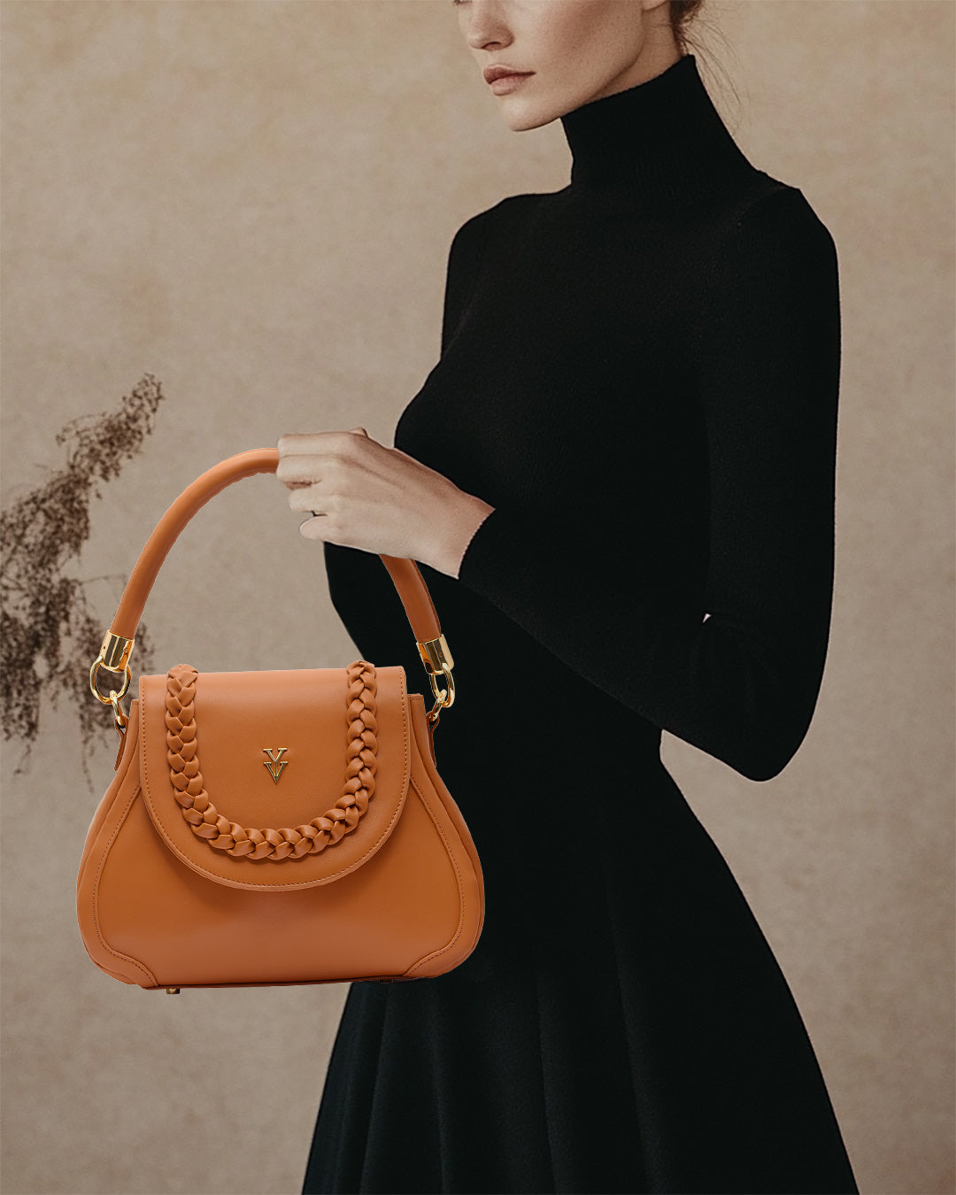 COCO JEAN Genuine Leather Handbag with Braid Detail (Color Sienna)