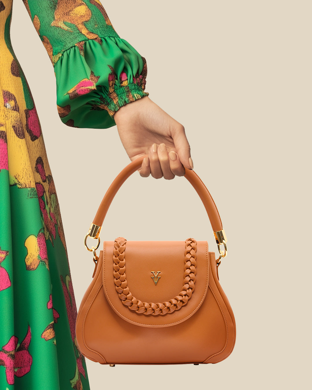 COCO JEAN Genuine Leather Handbag with Braid Detail (Color Sienna)