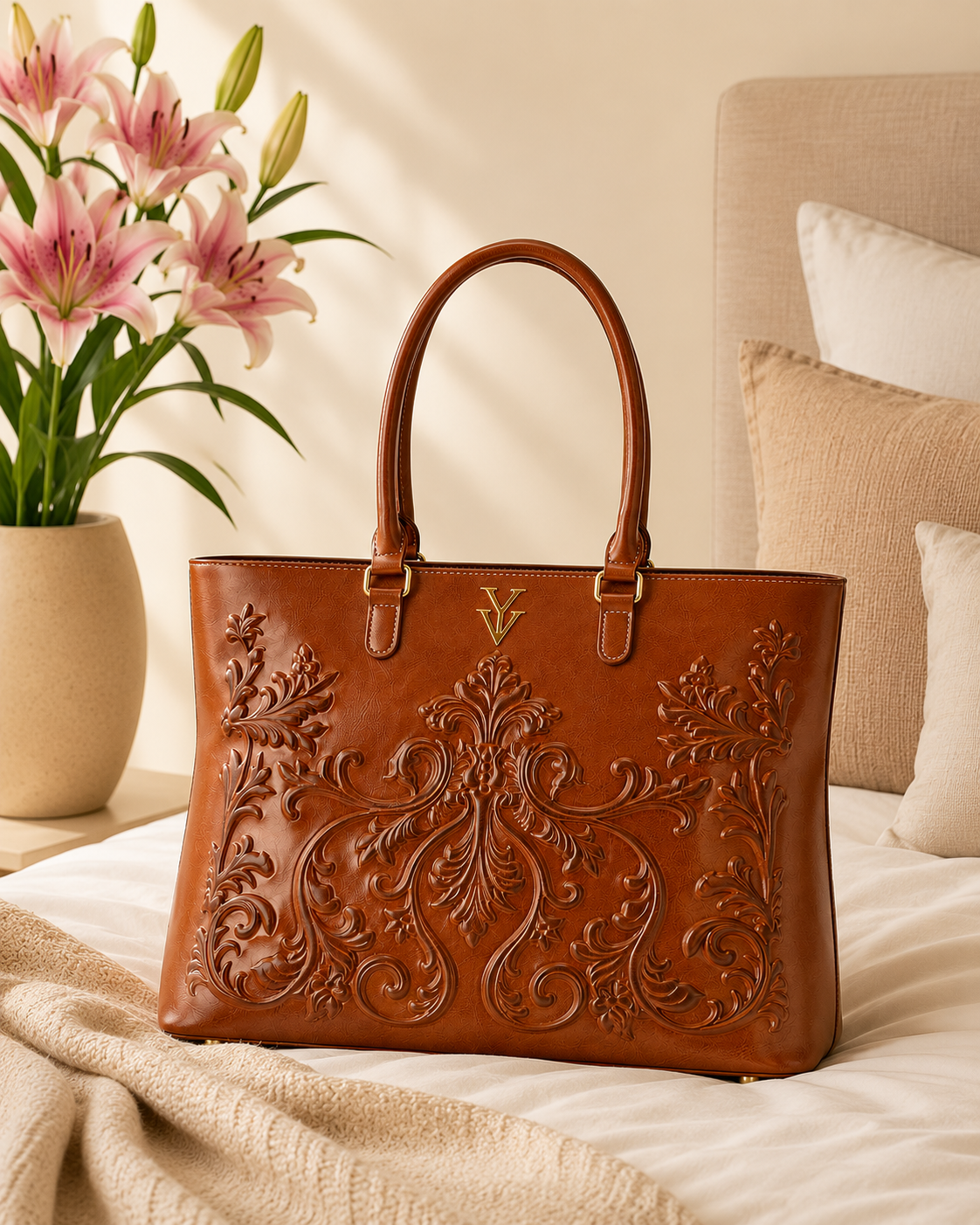 INDIRA Genuine Leather Designer Tote Handbag with Embossed Hand Tooled Baroque Decoration