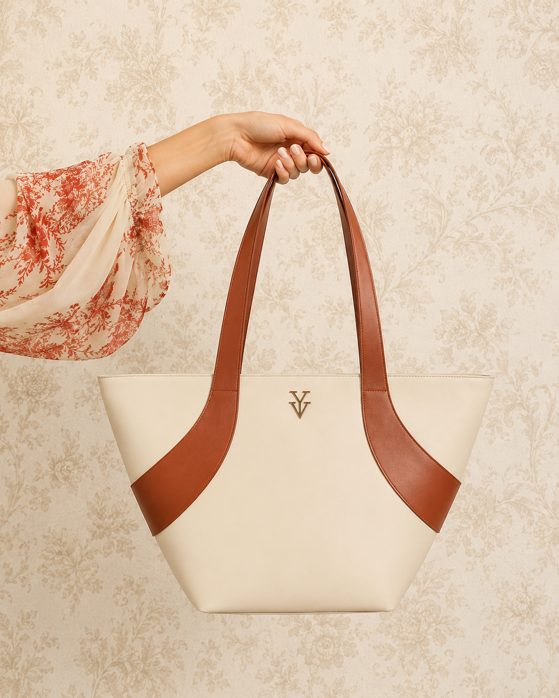 GILMA Extra Large Genuine Leather Designer Tote Handbag - Cream & Caramel