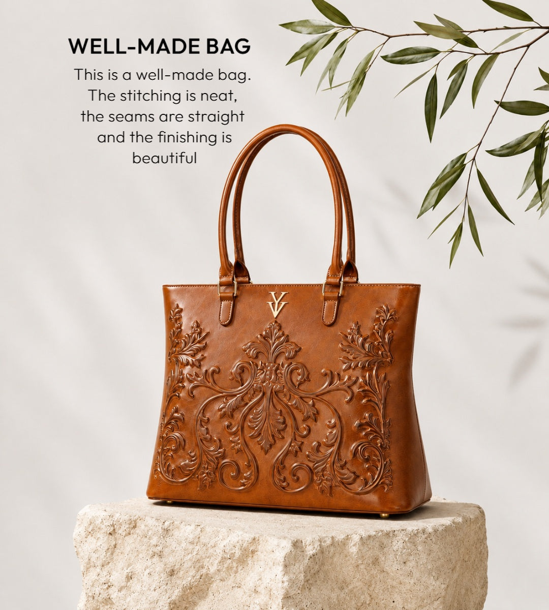 INDIRA Genuine Leather Designer Embossed Hand Tooled Handbag & FREE Sunglasses Bundle