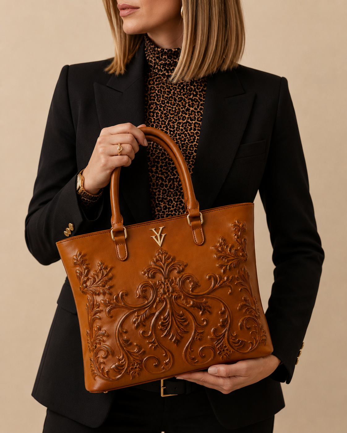 INDIRA Genuine Leather Designer Tote Handbag with Embossed Hand Tooled Baroque Decoration