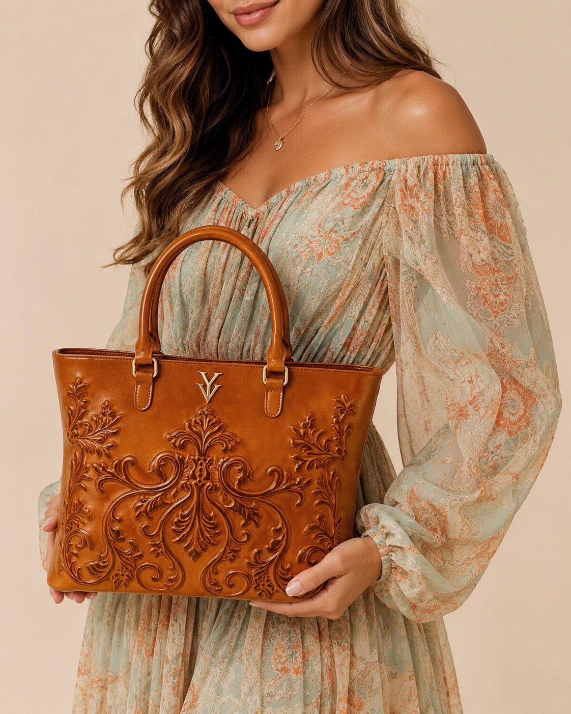 INDIRA Genuine Leather Designer Tote Handbag with Embossed Hand Tooled Baroque Decoration