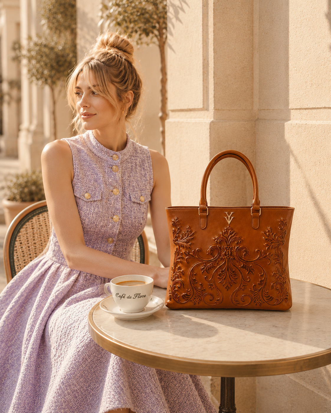 INDIRA Genuine Leather Designer Tote Handbag with Embossed Hand Tooled Baroque Decoration