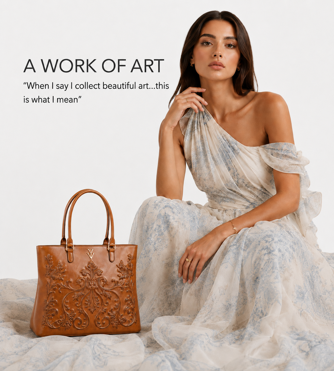INDIRA Genuine Leather Designer Embossed Hand Tooled Handbag & FREE Sunglasses Bundle