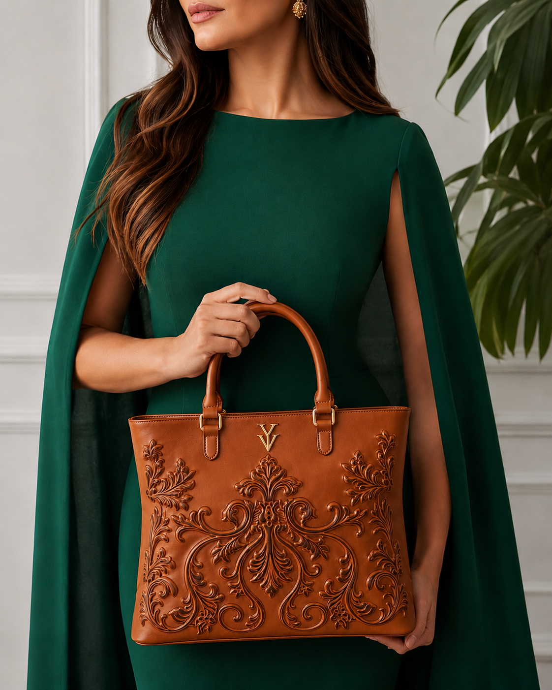 INDIRA Genuine Leather Designer Tote Handbag with Embossed Hand Tooled Baroque Decoration