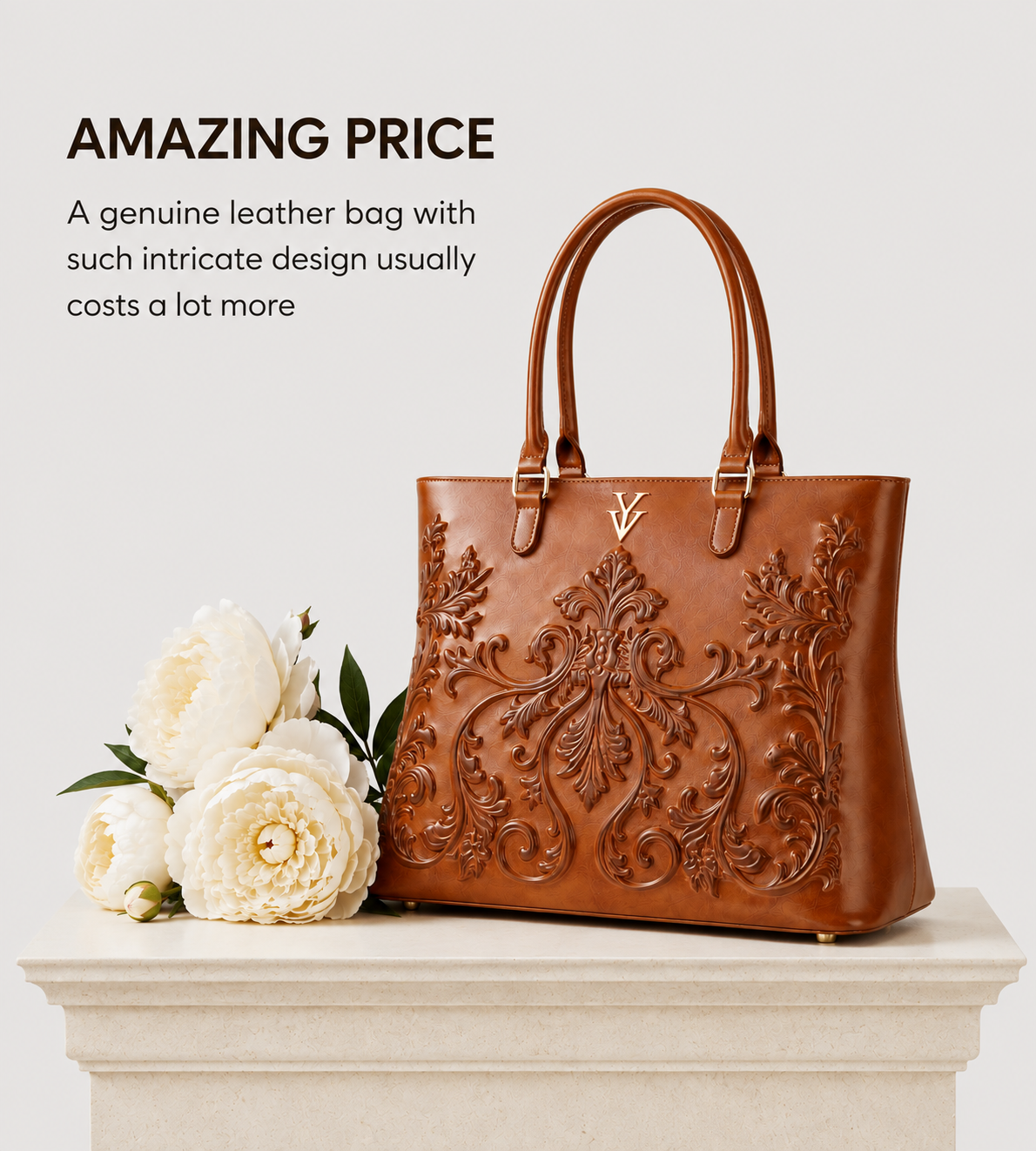 INDIRA Genuine Leather Designer Embossed Hand Tooled Handbag & FREE Sunglasses Bundle