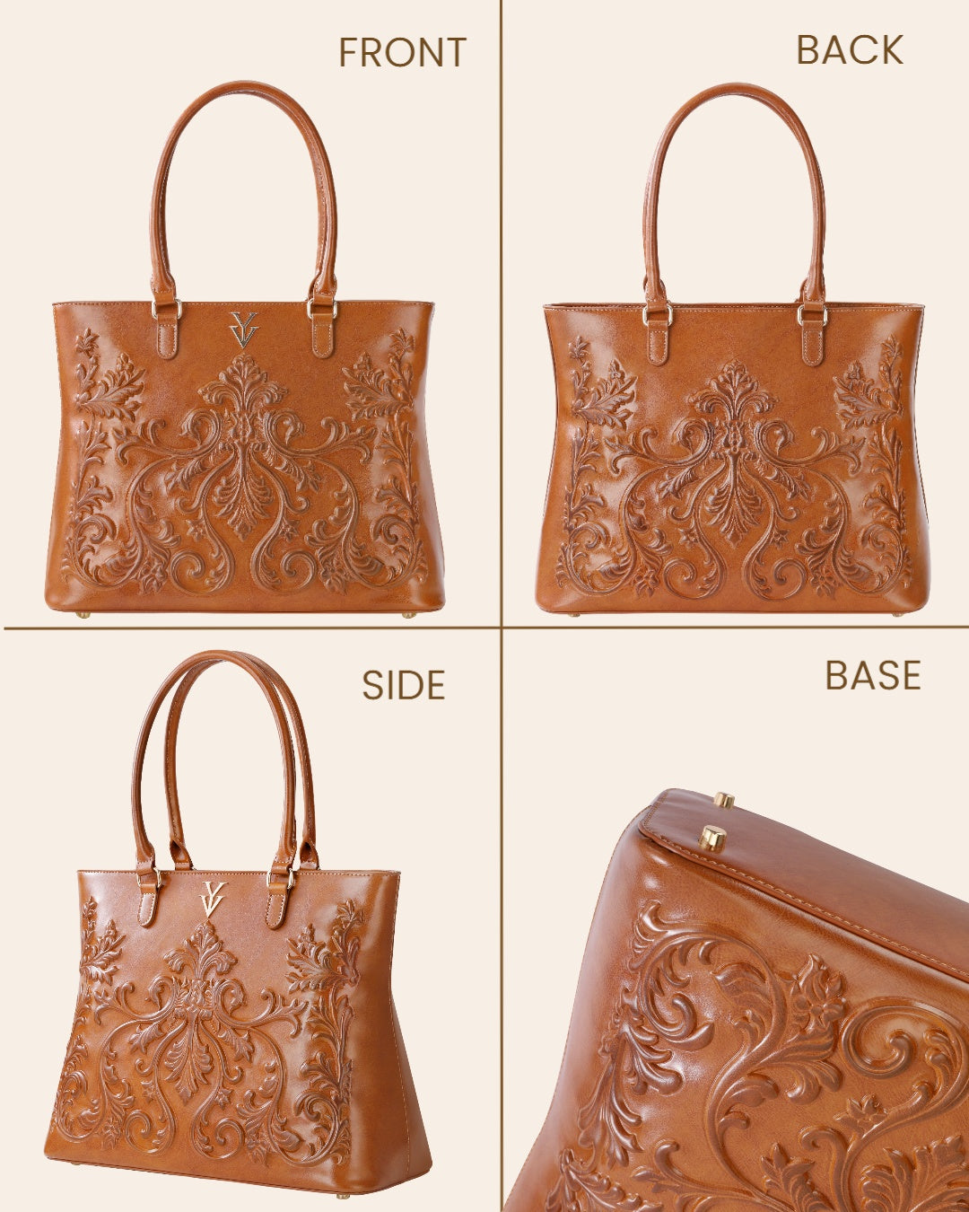INDIRA Genuine Leather Designer Tote Handbag with Embossed Hand Tooled Baroque Decoration