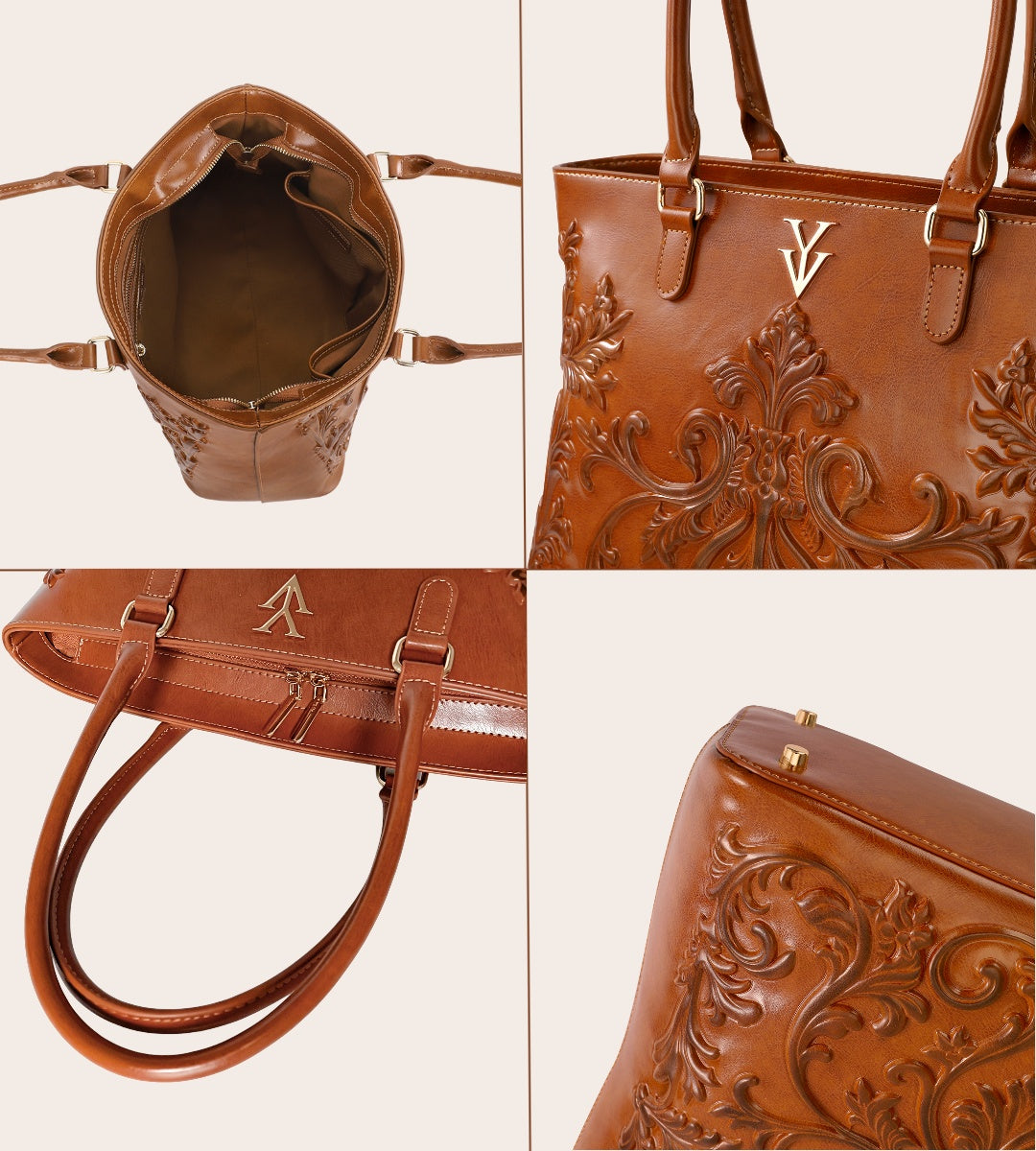 INDIRA Genuine Leather Designer Embossed Hand Tooled Handbag & FREE Sunglasses Bundle