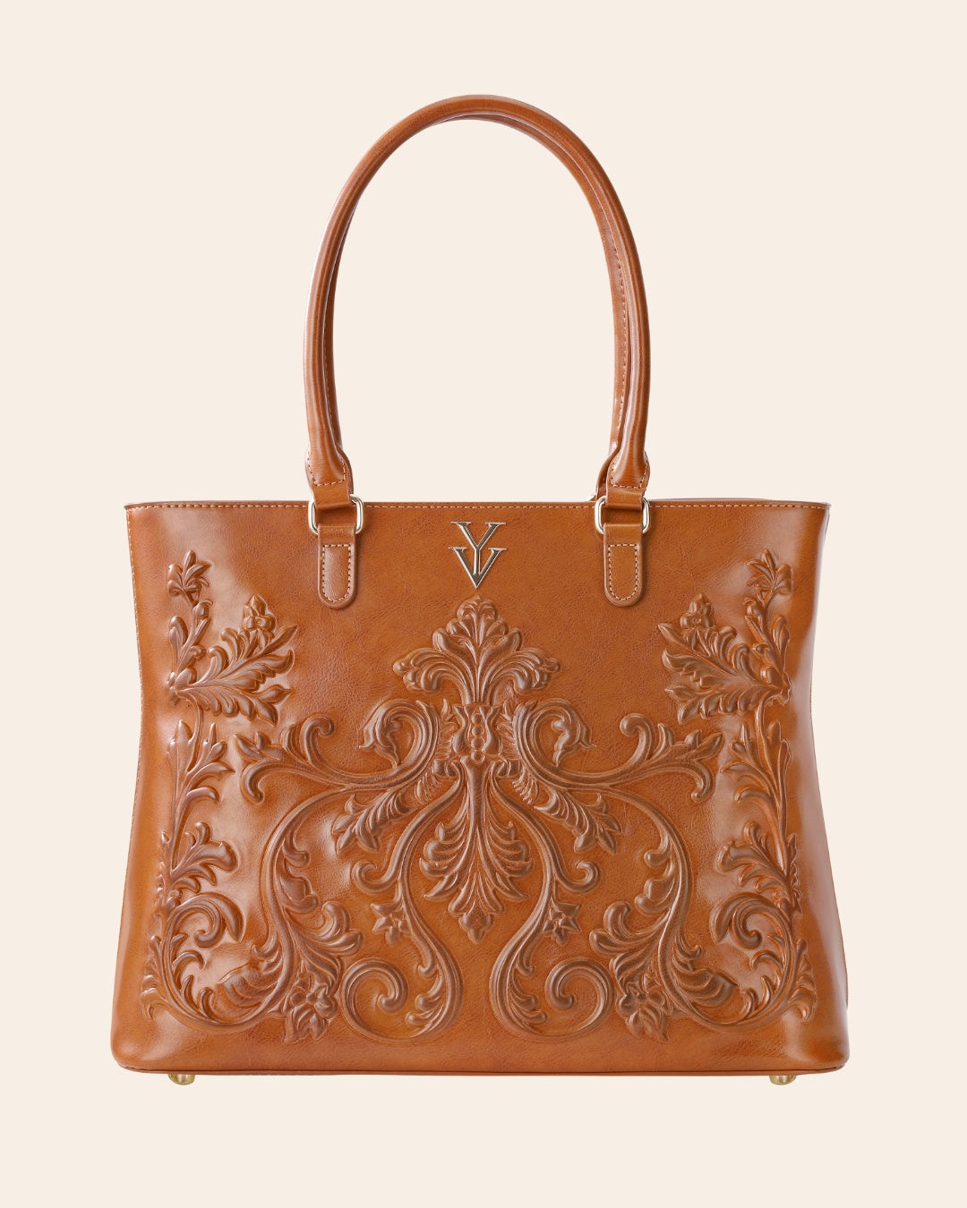 INDIRA Genuine Leather Designer Tote Handbag with Embossed Hand Tooled Baroque Decoration
