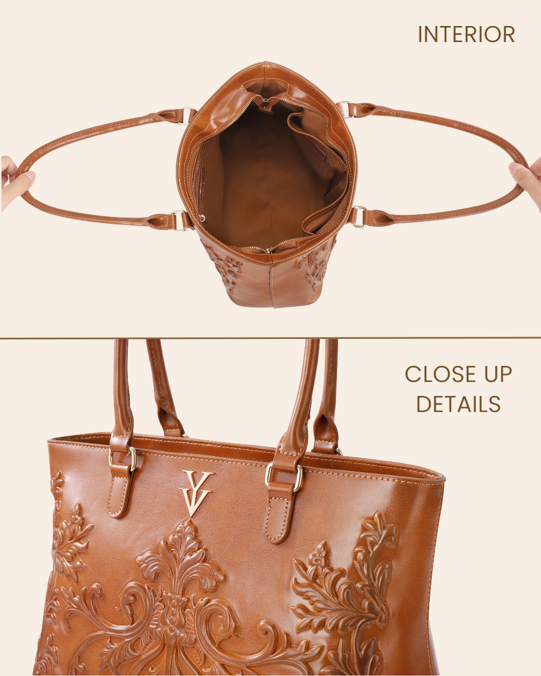INDIRA Genuine Leather Designer Tote Handbag with Embossed Hand Tooled Baroque Decoration