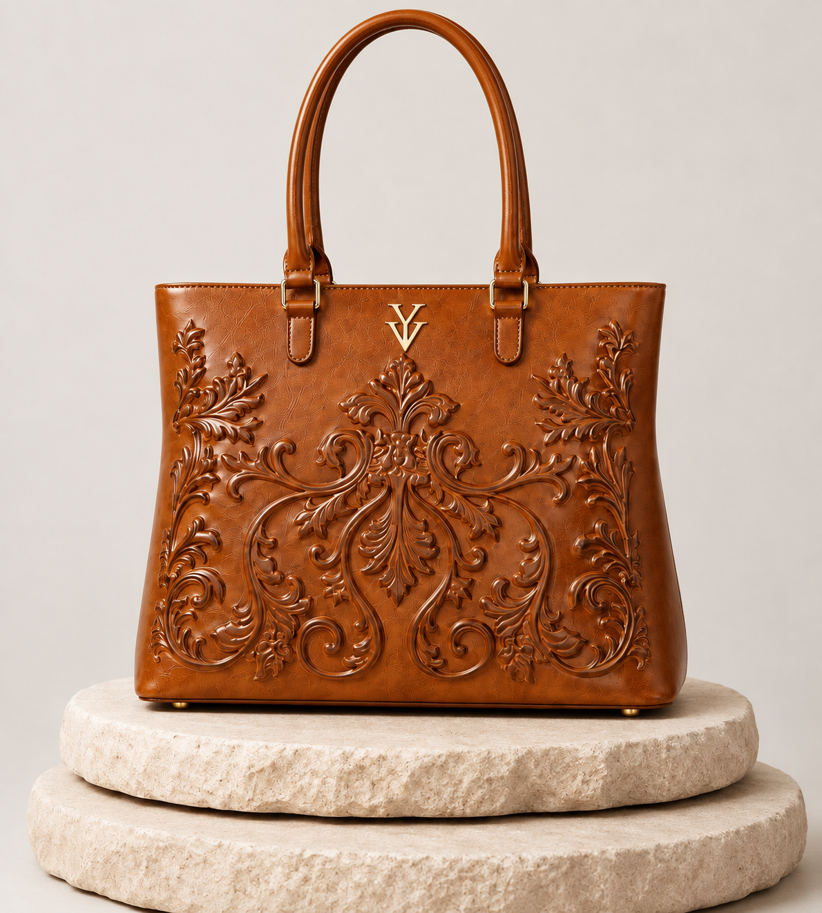 INDIRA Genuine Leather Designer Embossed Hand Tooled Handbag & FREE Sunglasses Bundle