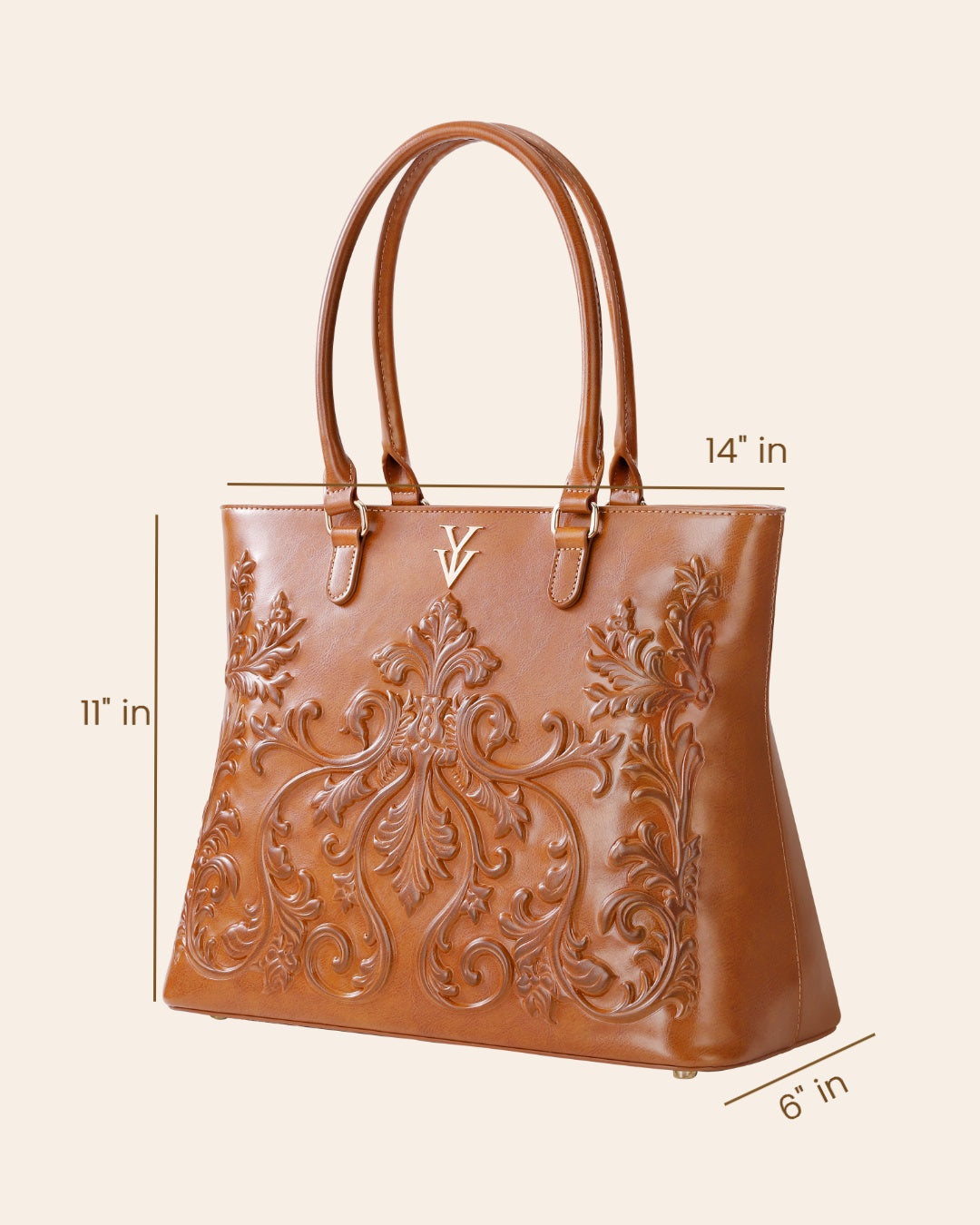 INDIRA Genuine Leather Designer Tote Handbag with Embossed Hand Tooled Baroque Decoration