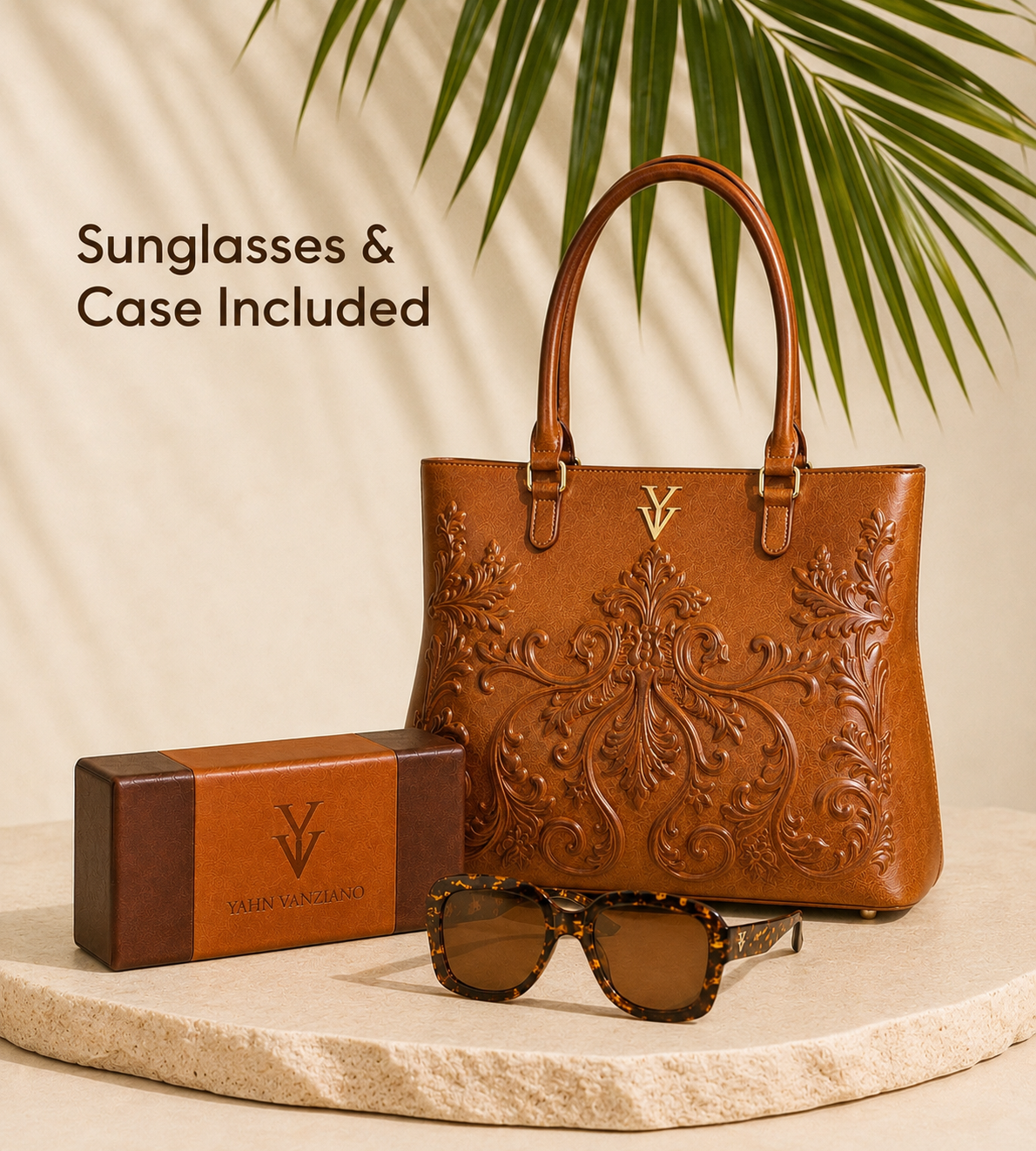 INDIRA Genuine Leather Designer Embossed Hand Tooled Handbag & FREE Sunglasses Bundle