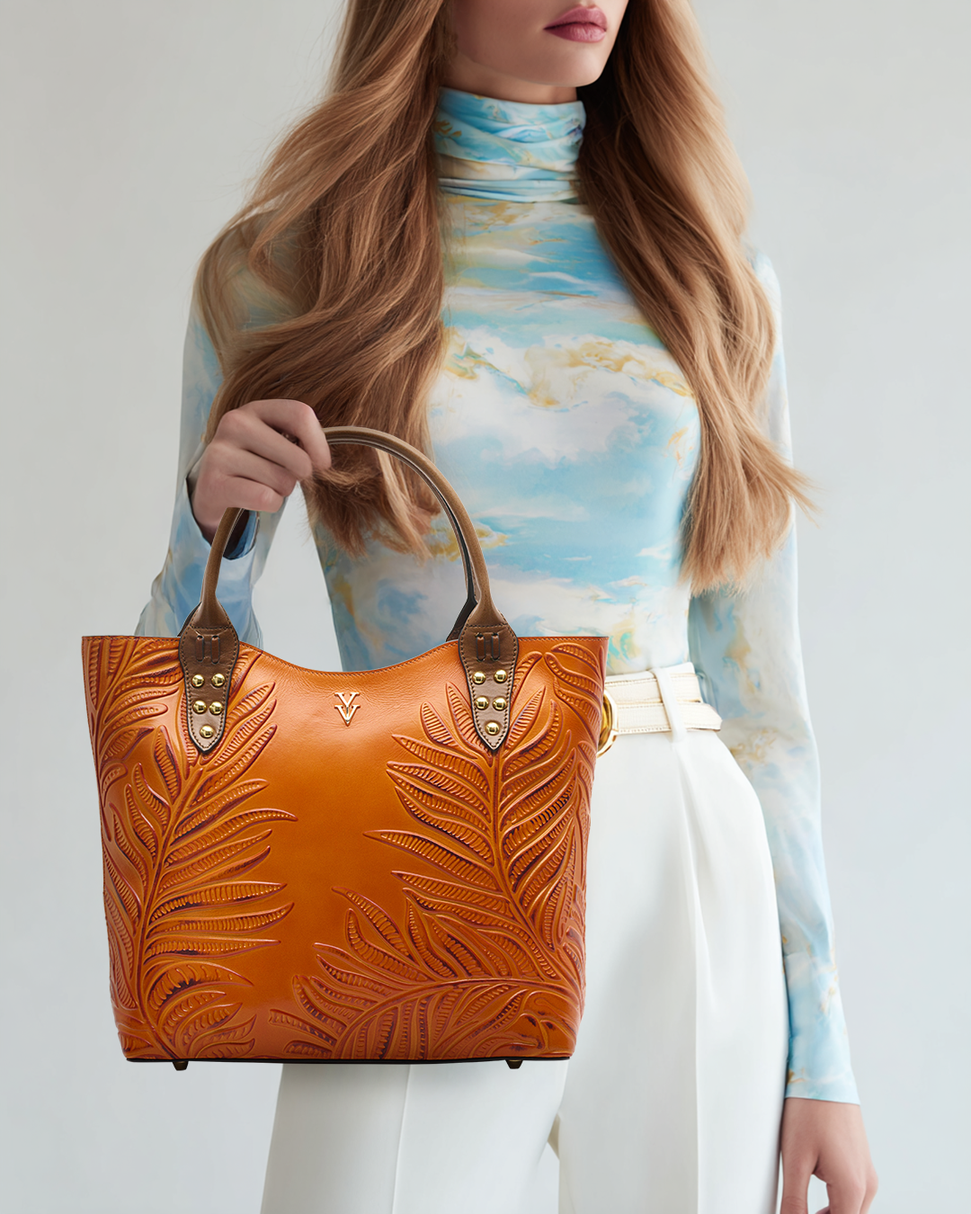 NEGRIL Genuine Italian Leather Tote with Hand Tooled Embossed Decoration