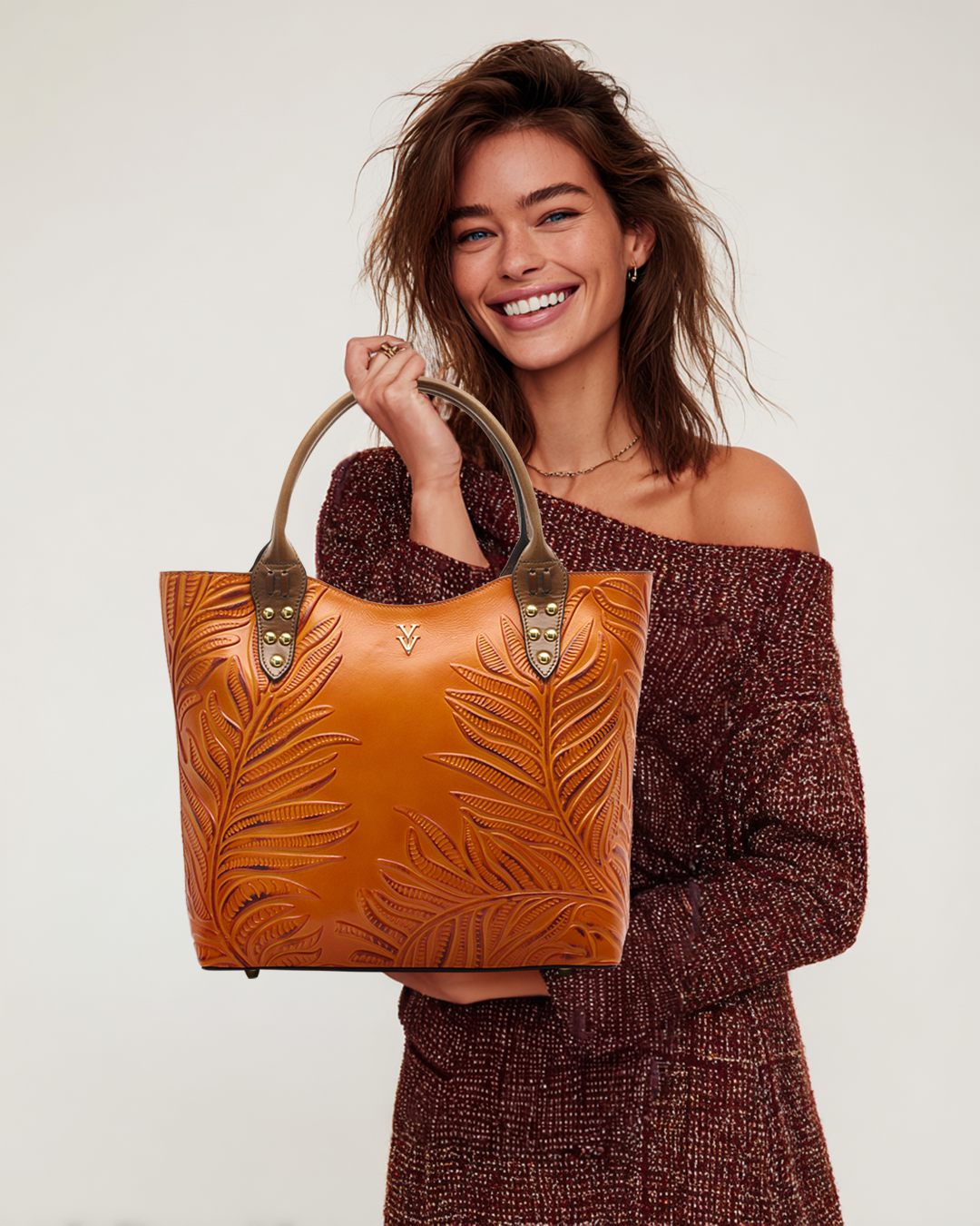 NEGRIL Genuine Italian Leather Tote with Hand Tooled Embossed Decoration