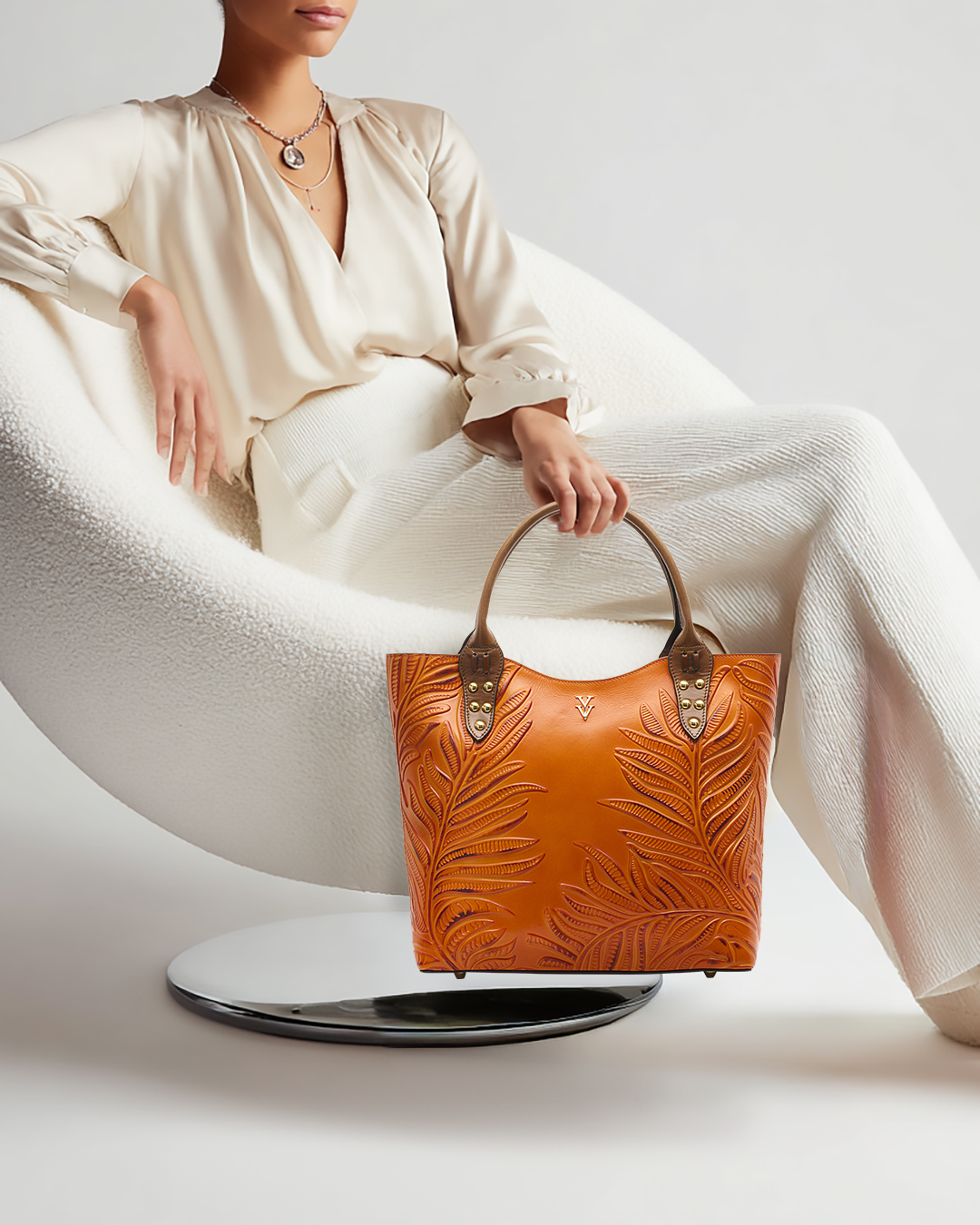 NEGRIL Genuine Italian Leather Tote with Hand Tooled Embossed Decoration