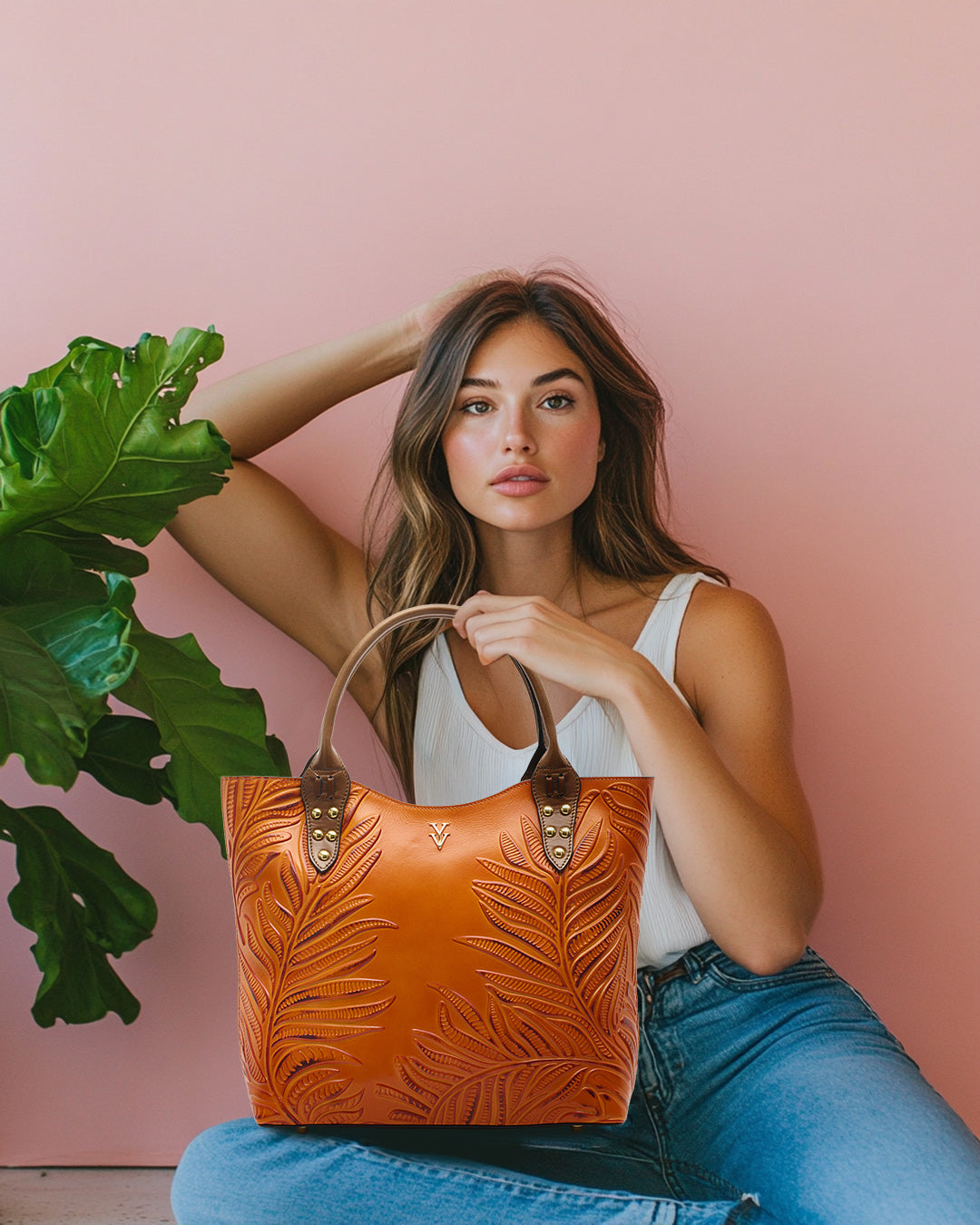 NEGRIL Genuine Italian Leather Tote with Hand Tooled Embossed Decoration