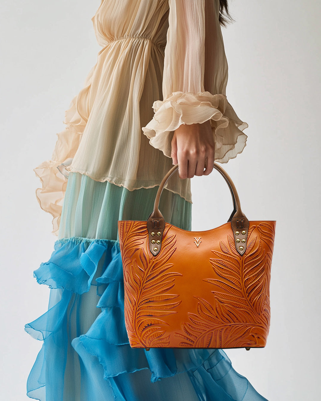 NEGRIL Genuine Italian Leather Tote with Hand Tooled Embossed Decoration