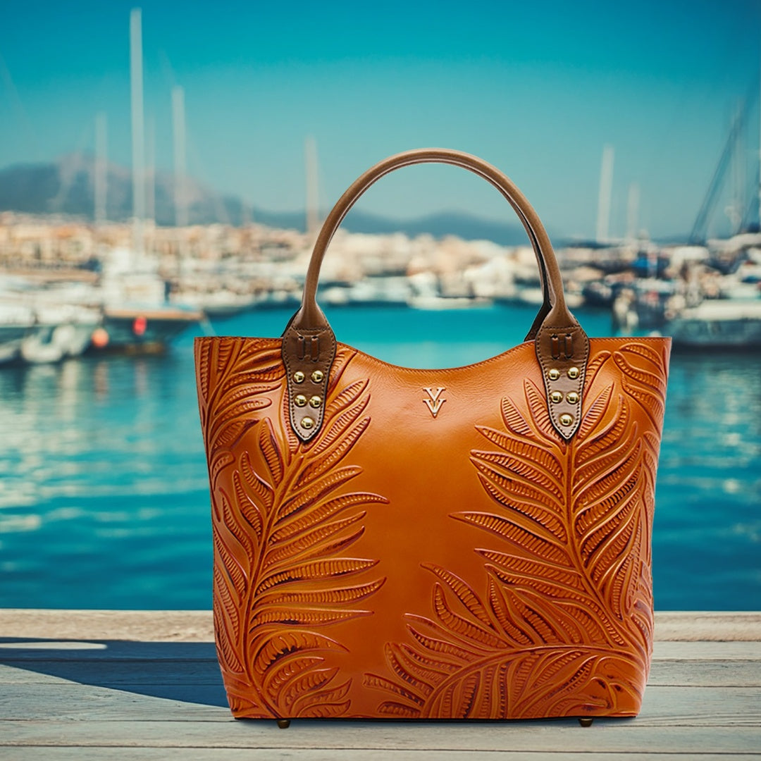 NEGRIL Genuine Italian Leather Tote with Hand Tooled Embossed Decoration