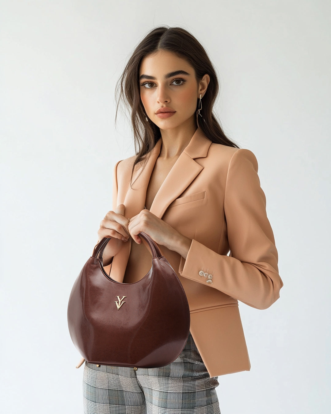 OLINA Round Shape Genuine Leather Handbag (Color Pecan)