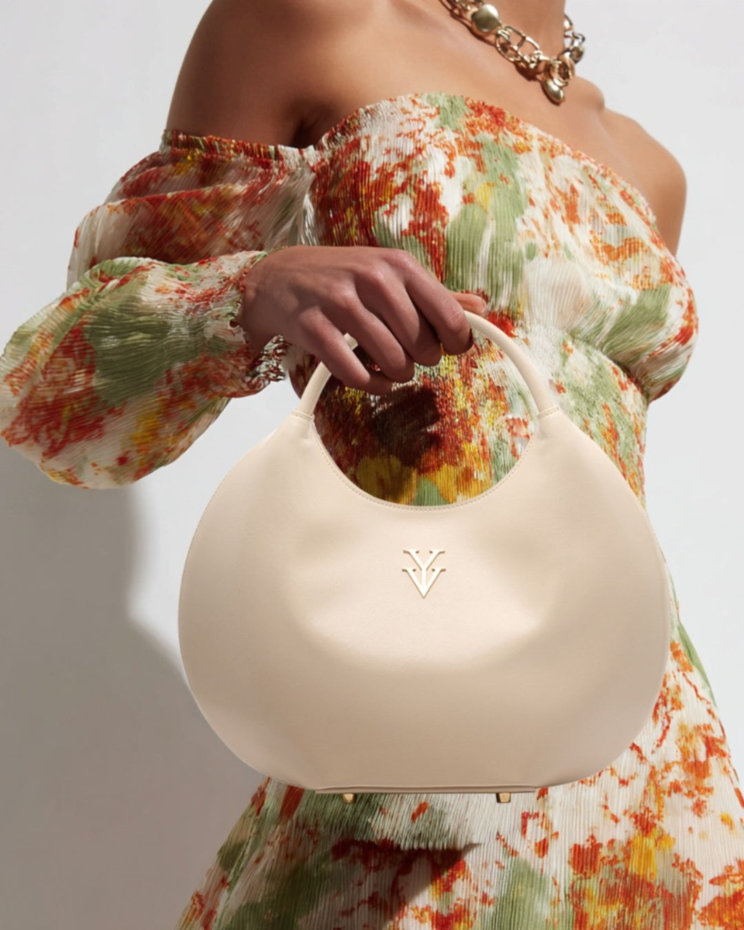 OLINA Round Shape Genuine Leather Designer Handbag - Alabaster