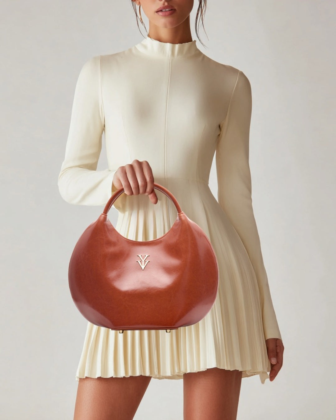 OLINA Round Shape Genuine Leather Designer Handbag - Cognac