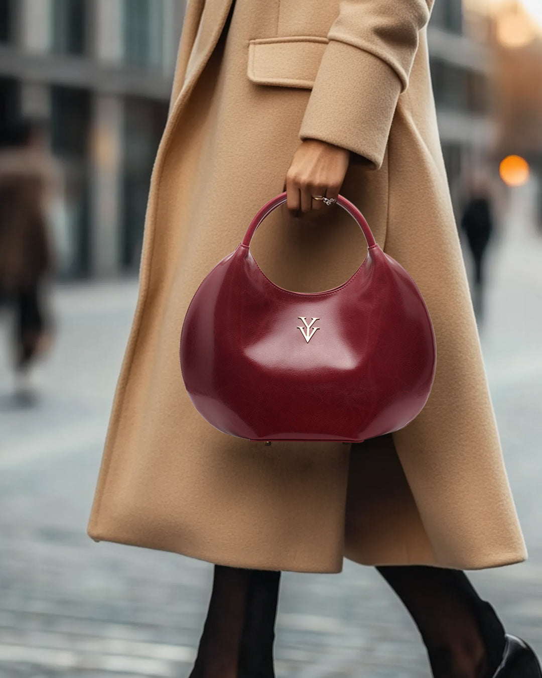 OLINA Round Shape Genuine Leather Designer Handbag - Maroon