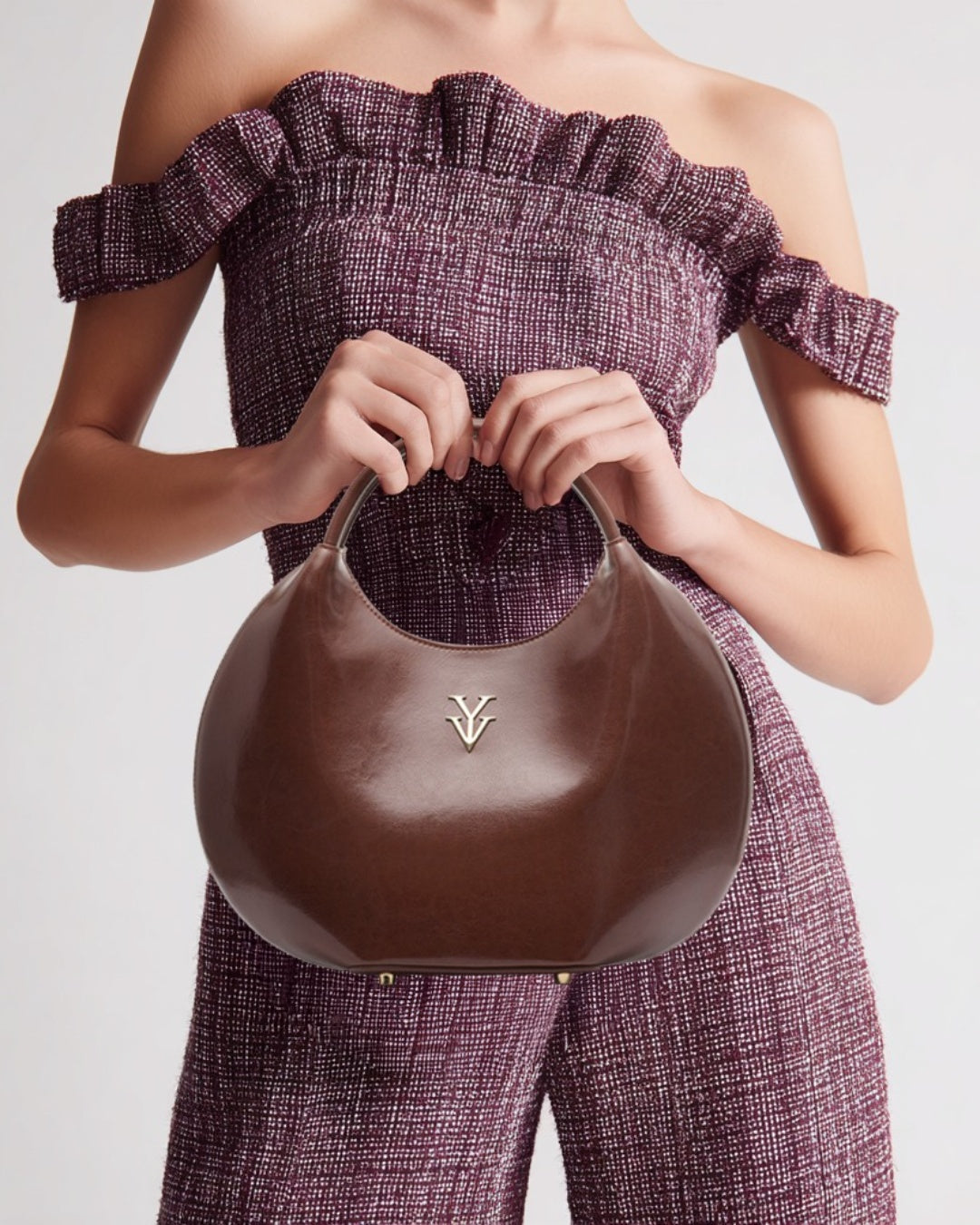 OLINA Round Shape Genuine Leather Designer Handbag - Pecan