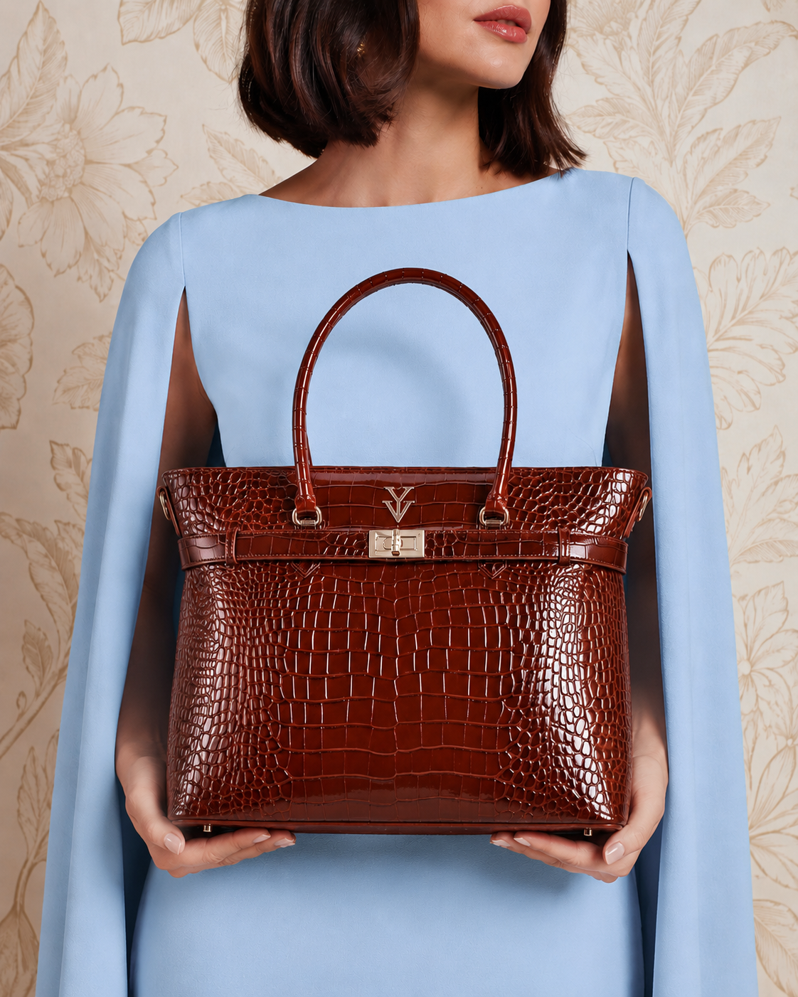RIMA Large Genuine Crocodile Leather Designer Tote Handbag - Mahogany